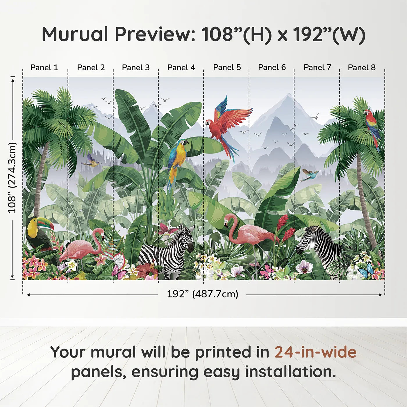 Whimsy Tots Vibrant Jungle Friends Wall Muraldimension view (108" H x 192" W). Printed in eight 24-inch-wide panels. Gender-Neutral