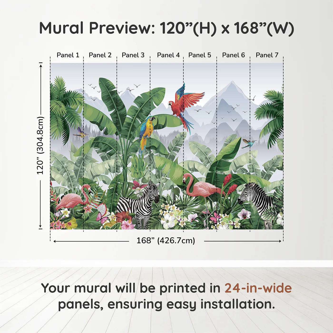 Whimsy Tots Vibrant Jungle Friends Wall Muraldimension view (120" H x 168" W). Printed in seven 24-inch-wide panels. Gender-Neutral
