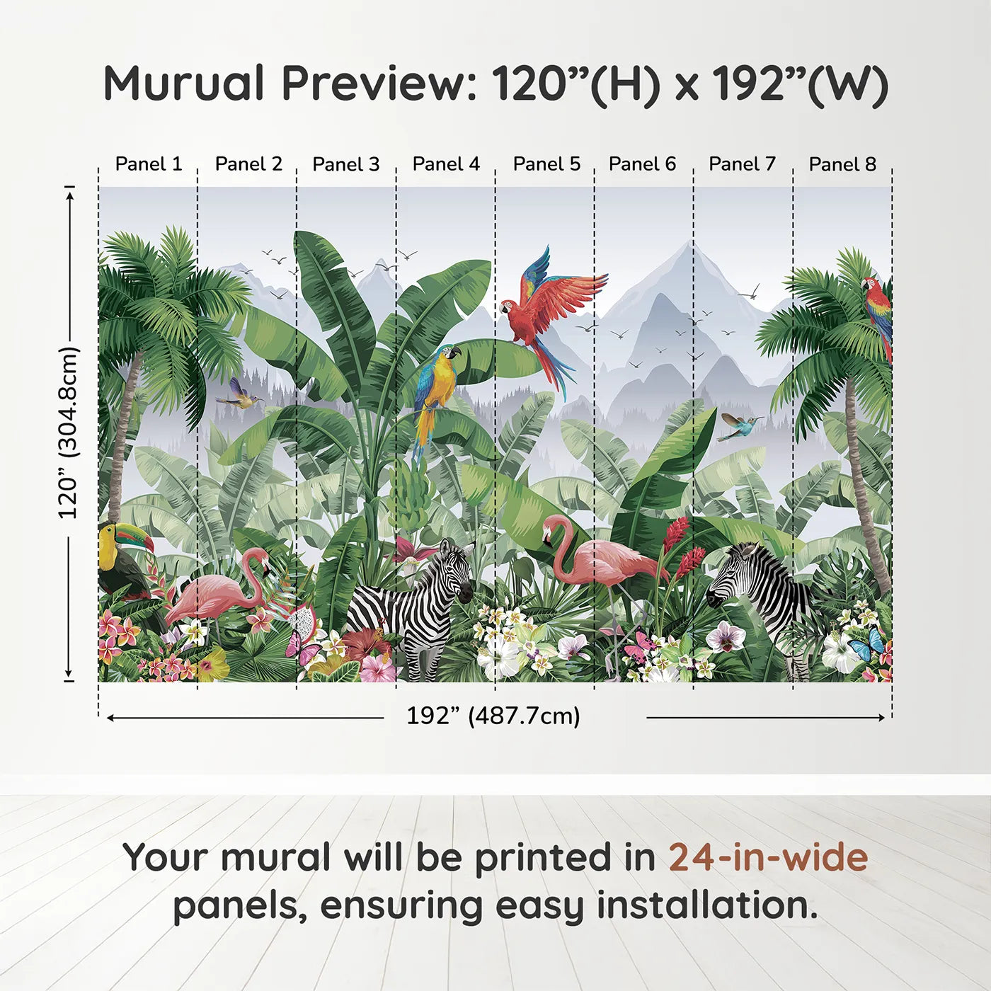 Whimsy Tots Vibrant Jungle Friends Wall Muraldimension view (120" H x 192" W). Printed in eight 24-inch-wide panels. Gender-Neutral