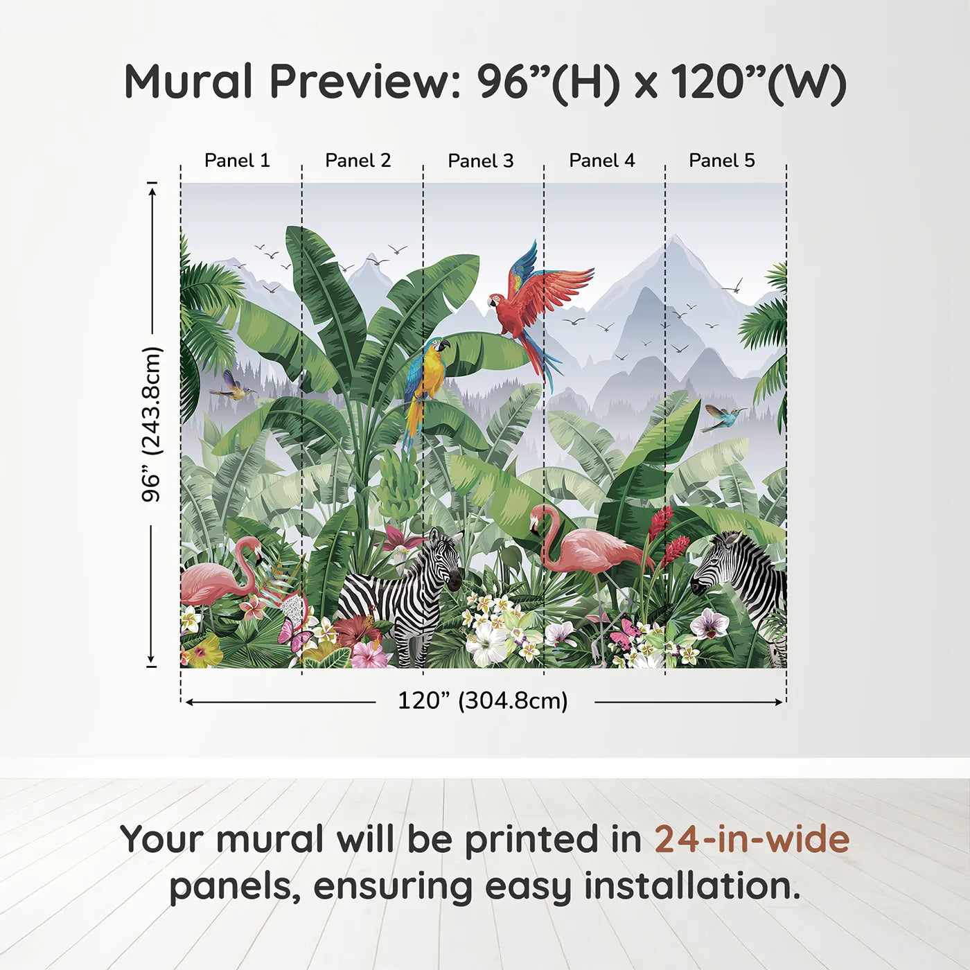 Whimsy Tots Vibrant Jungle Friends Wall Muraldimension view (96" H x 120" W). Printed in five 24-inch-wide panels. Gender-Neutral