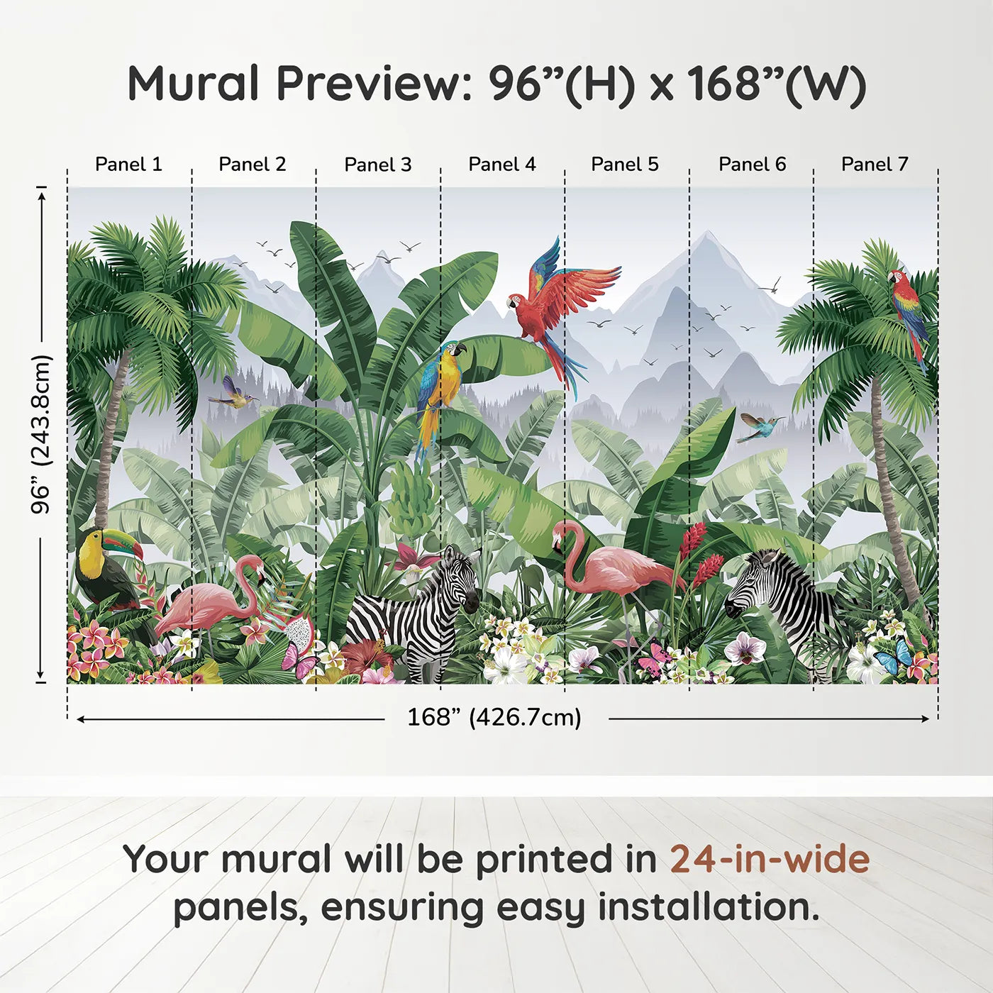 Whimsy Tots Vibrant Jungle Friends Wall Muraldimension view (96" H x 168" W). Printed in seven 24-inch-wide panels. Gender-Neutral