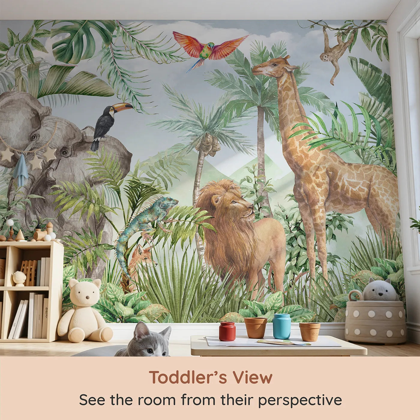 Whimsy Tots Watercolor Safari Wall Mural (Turn Their Room into a Majestic, Painted Jungle) from your child's view.Gender-Neutral