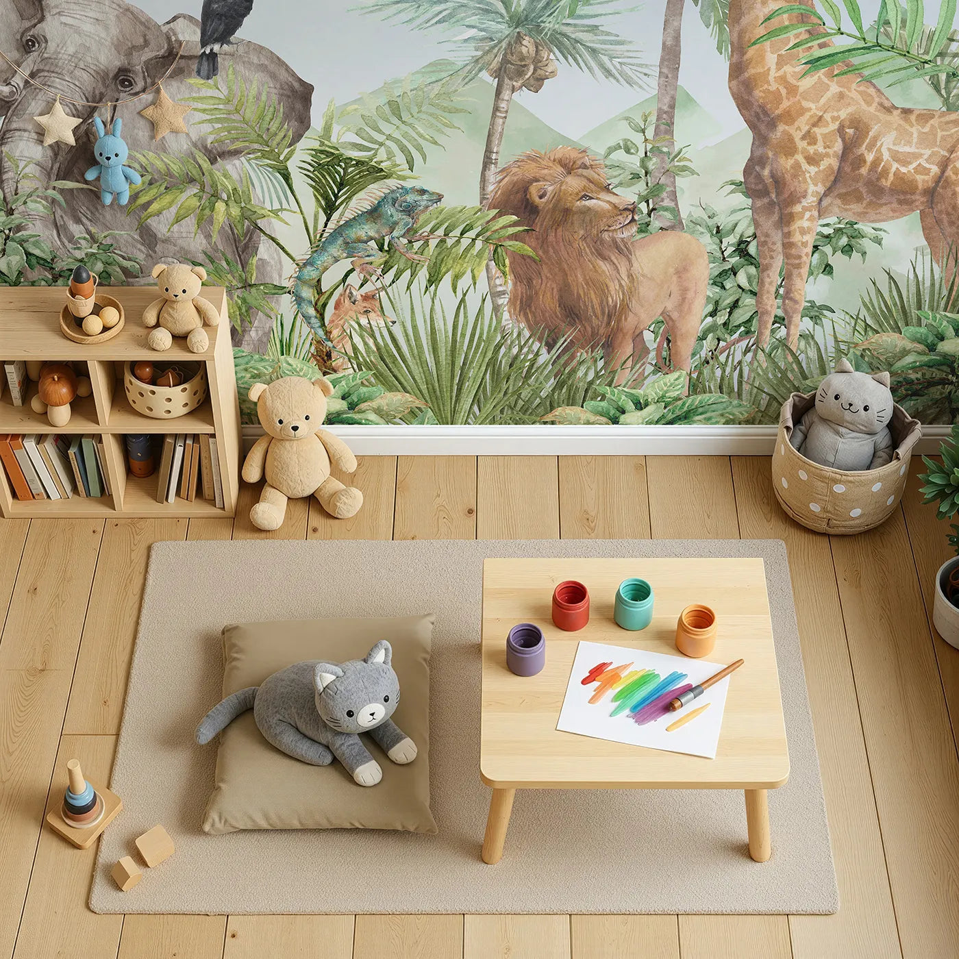 Top-down view of Whimsy Tots' Watercolor Safari Wall Mural (Turn Their Room into a Majestic, Painted Jungle).Gender-Neutral