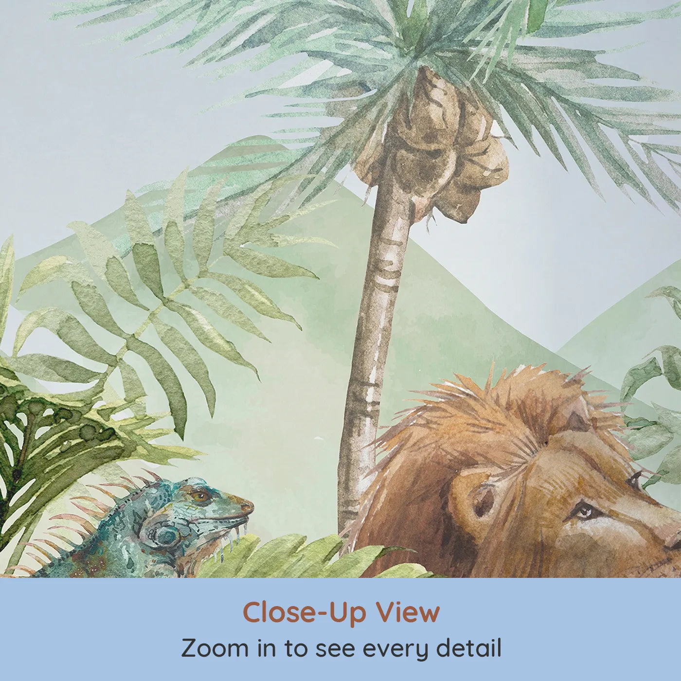 Close-up view of Whimsy Tots' Watercolor Safari Wall Mural (Turn Their Room into a Majestic, Painted Jungle).Gender-Neutral