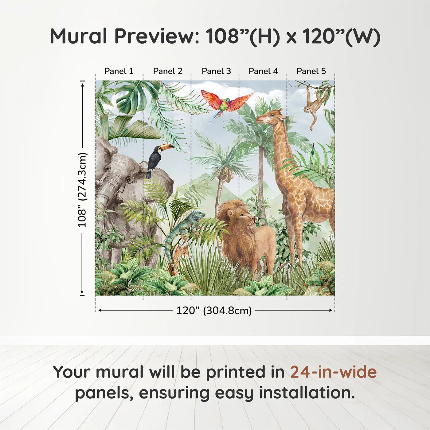 Whimsy Tots Watercolor Safari Wall Muraldimension view (108" H x 120" W). Printed in five 24-inch-wide panels. Gender-Neutral