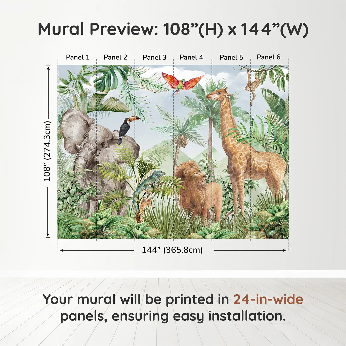 Whimsy Tots Watercolor Safari Wall Muraldimension view (108" H x 144" W). Printed in six 24-inch-wide panels. Gender-Neutral