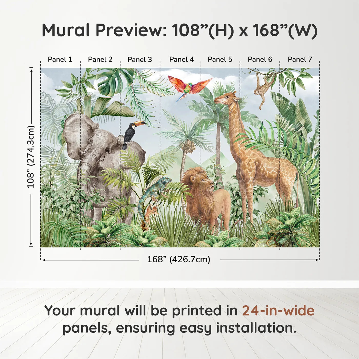 Whimsy Tots Watercolor Safari Wall Muraldimension view (108" H x 168" W). Printed in seven 24-inch-wide panels. Gender-Neutral