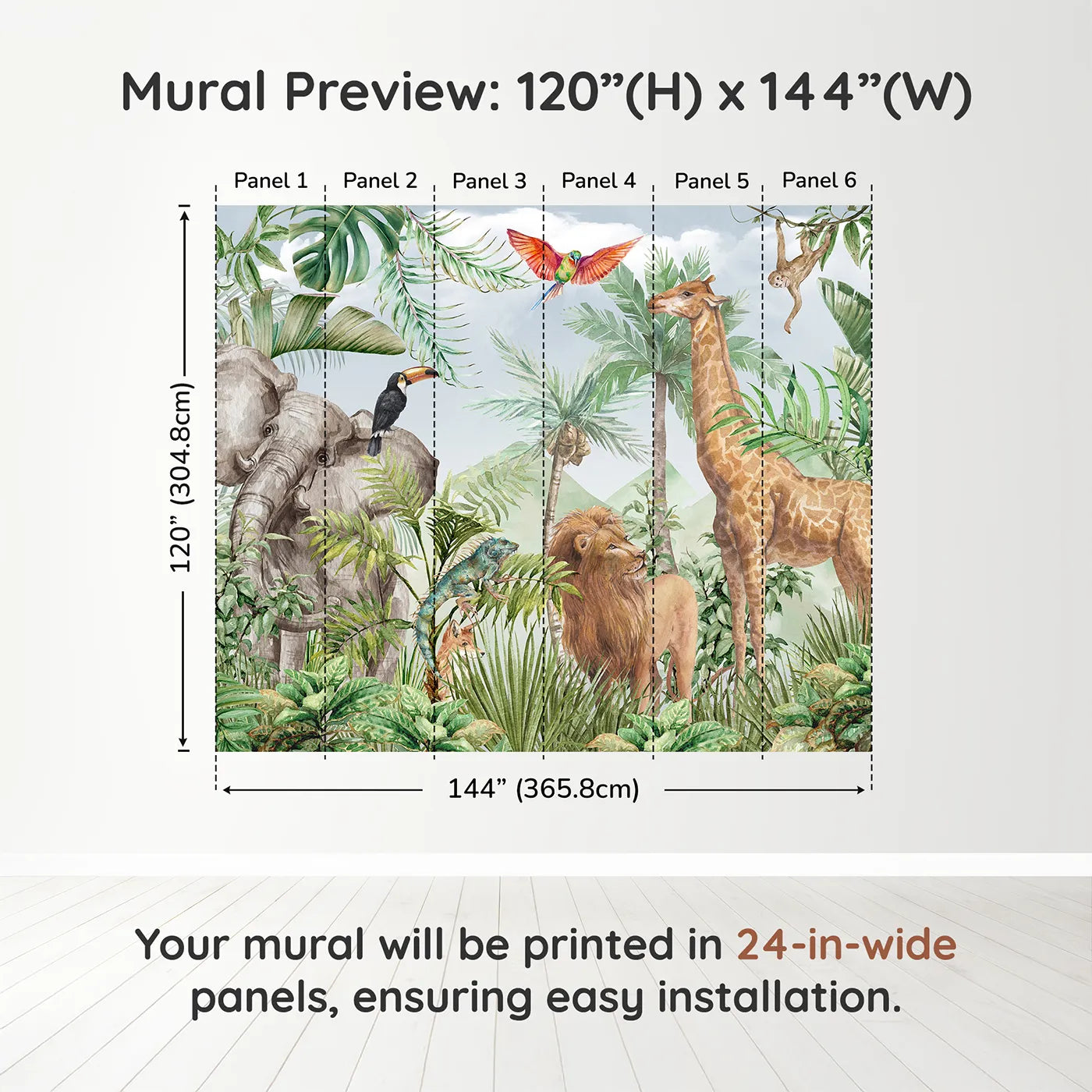 Whimsy Tots Watercolor Safari Wall Muraldimension view (120" H x 144" W). Printed in six 24-inch-wide panels. Gender-Neutral