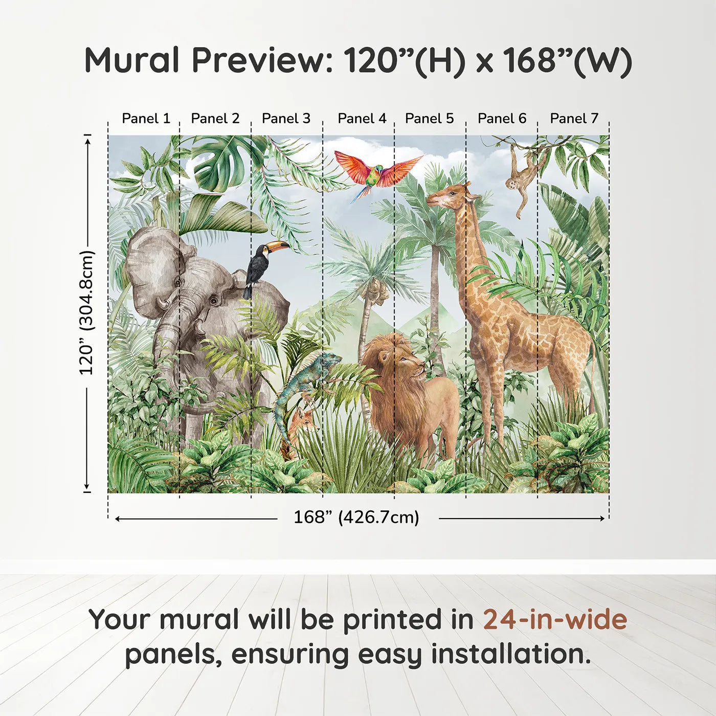 Whimsy Tots Watercolor Safari Wall Muraldimension view (120" H x 168" W). Printed in seven 24-inch-wide panels. Gender-Neutral