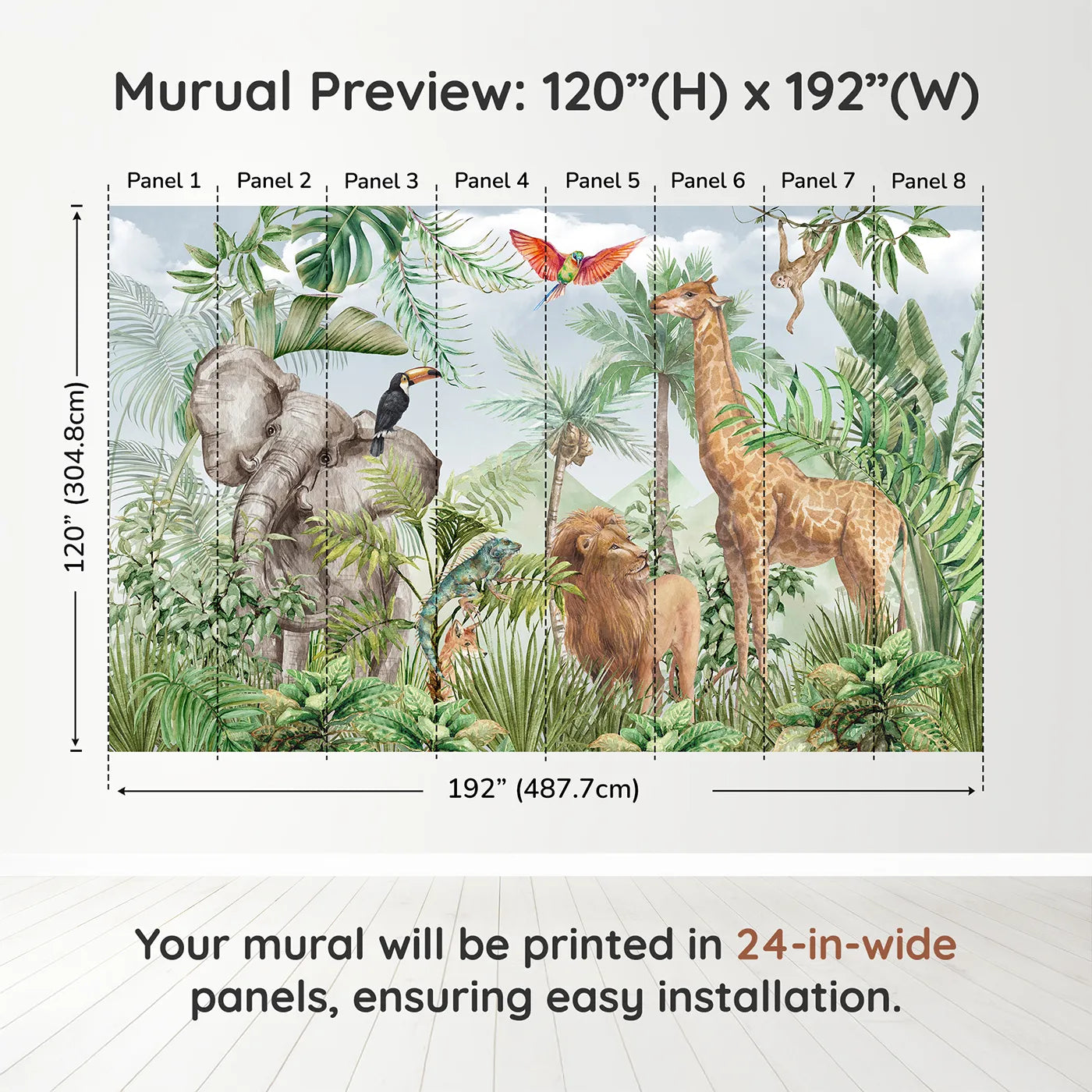Whimsy Tots Watercolor Safari Wall Muraldimension view (120" H x 192" W). Printed in eight 24-inch-wide panels. Gender-Neutral