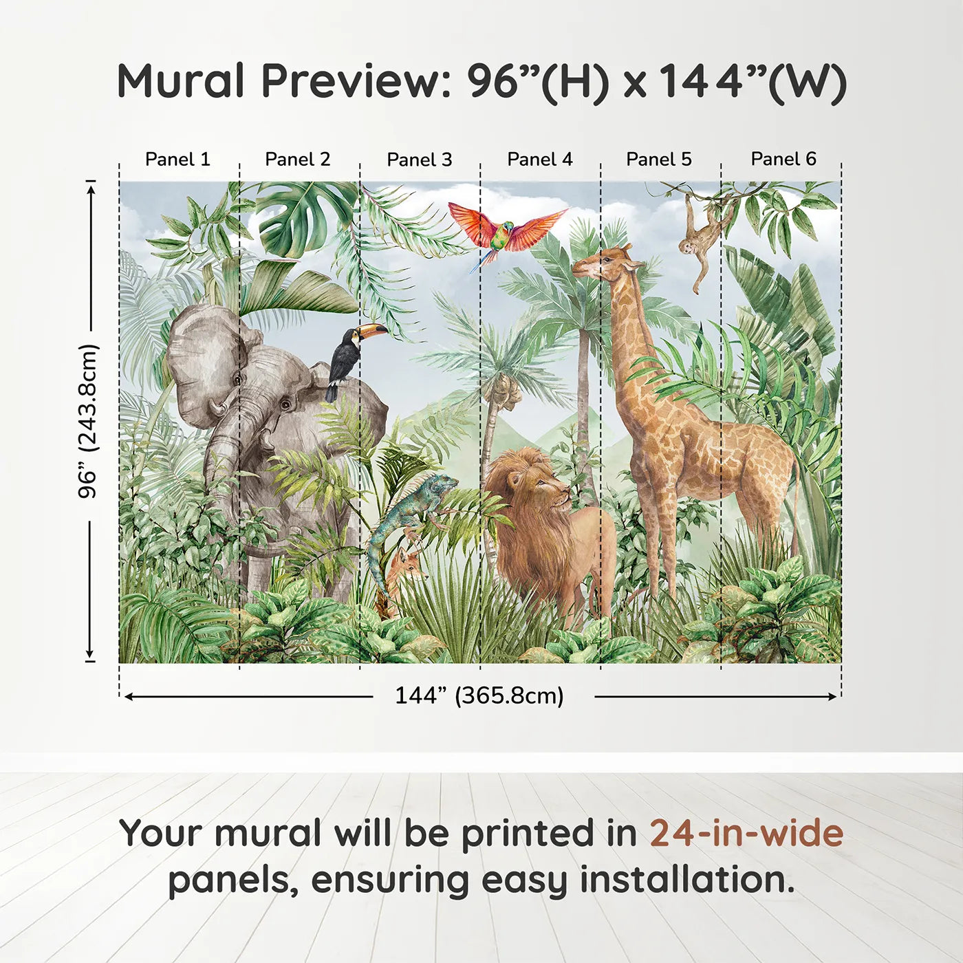 Whimsy Tots Watercolor Safari Wall Muraldimension view (96" H x 144" W). Printed in six 24-inch-wide panels. Gender-Neutral