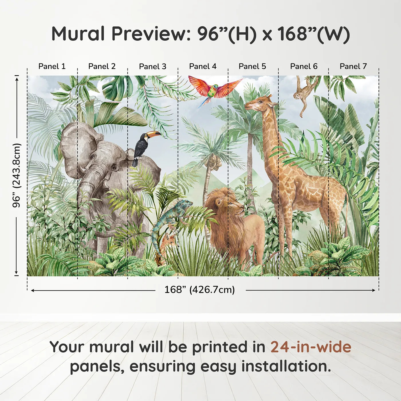 Whimsy Tots Watercolor Safari Wall Muraldimension view (96" H x 168" W). Printed in seven 24-inch-wide panels. Gender-Neutral