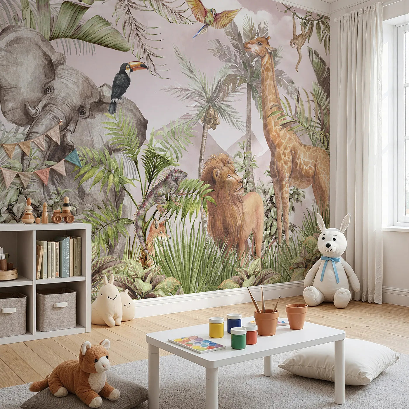 Angled view of Whimsy Tots' Watercolor Safari Wall Mural in Pink (Turn Their Room into a Majestic, Painted Jungle).Gender-Neutral