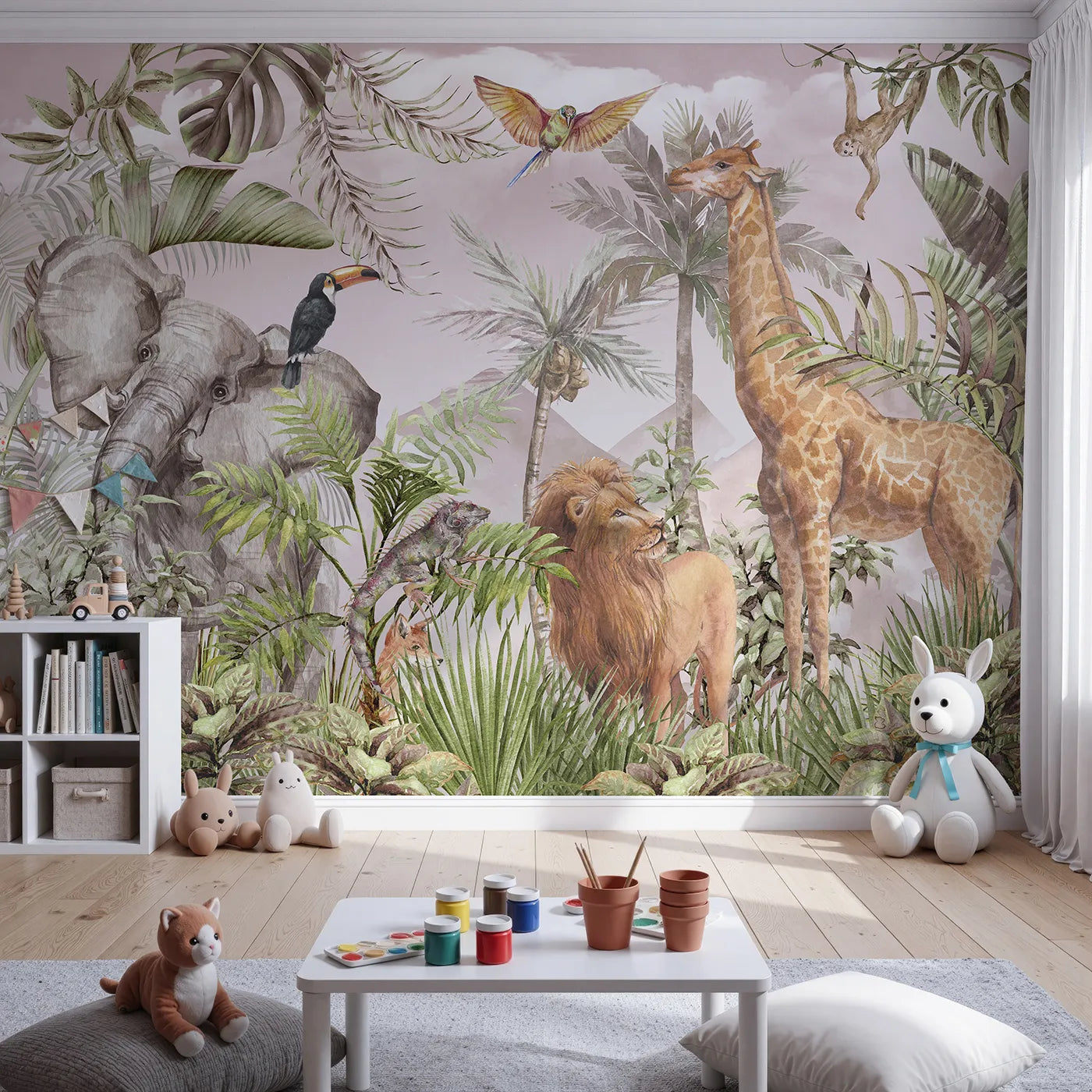 Front view of Whimsy Tots' Watercolor Safari Wall Mural in Pink
