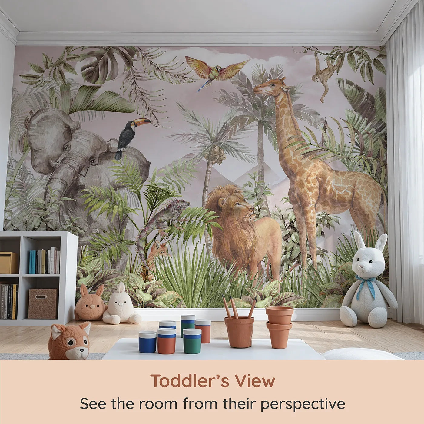Whimsy Tots Watercolor Safari Wall Mural in Pink (Turn Their Room into a Majestic, Painted Jungle) from your child's view.Gender-Neutral