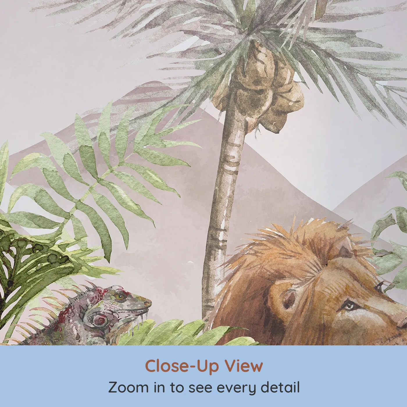 Close-up view of Whimsy Tots' Watercolor Safari Wall Mural in Pink (Turn Their Room into a Majestic, Painted Jungle).Gender-Neutral