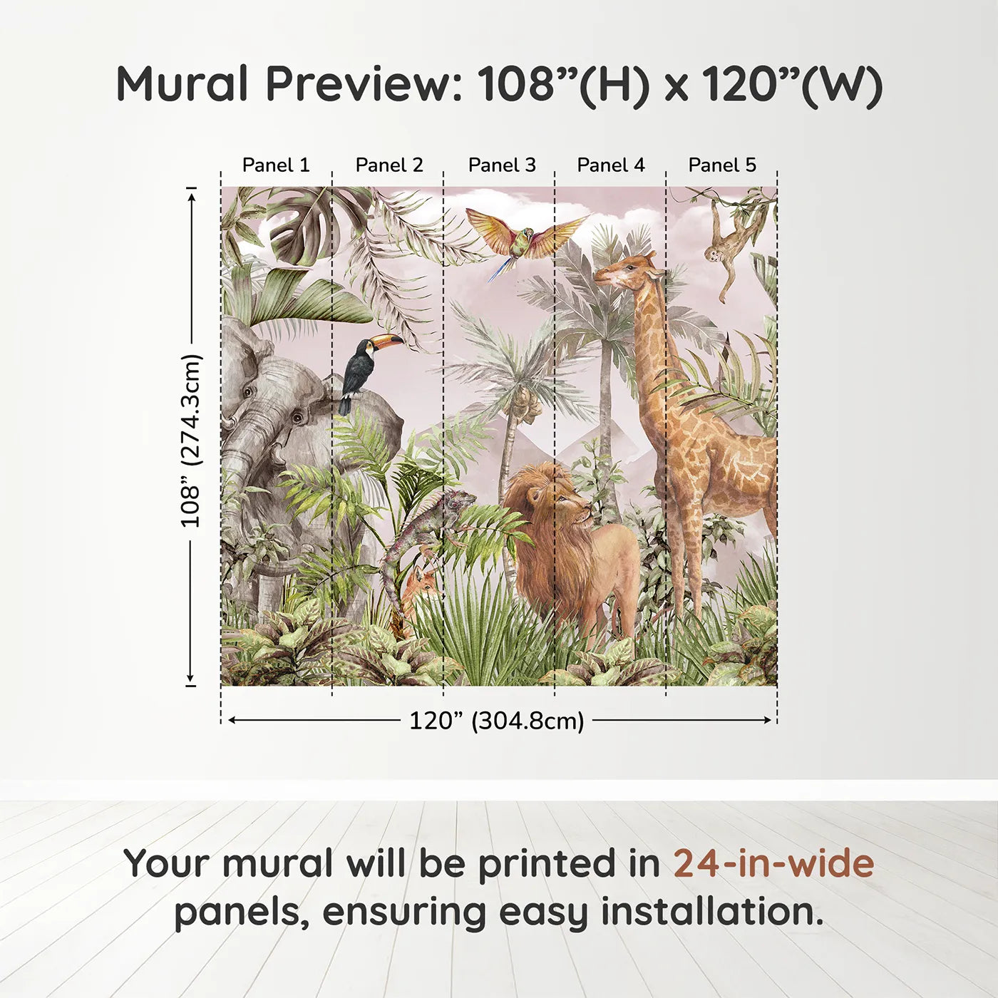Whimsy Tots Watercolor Safari Wall Mural in Pinkdimension view (108" H x 120" W). Printed in five 24-inch-wide panels. Gender-Neutral