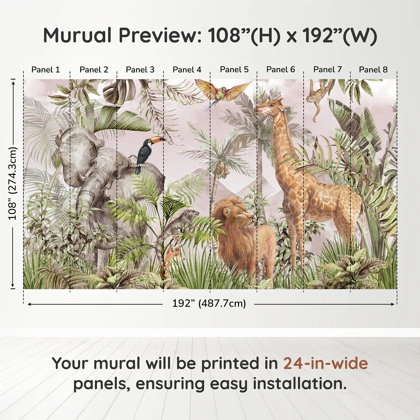 Whimsy Tots Watercolor Safari Wall Mural in Pinkdimension view (108" H x 192" W). Printed in eight 24-inch-wide panels. Gender-Neutral