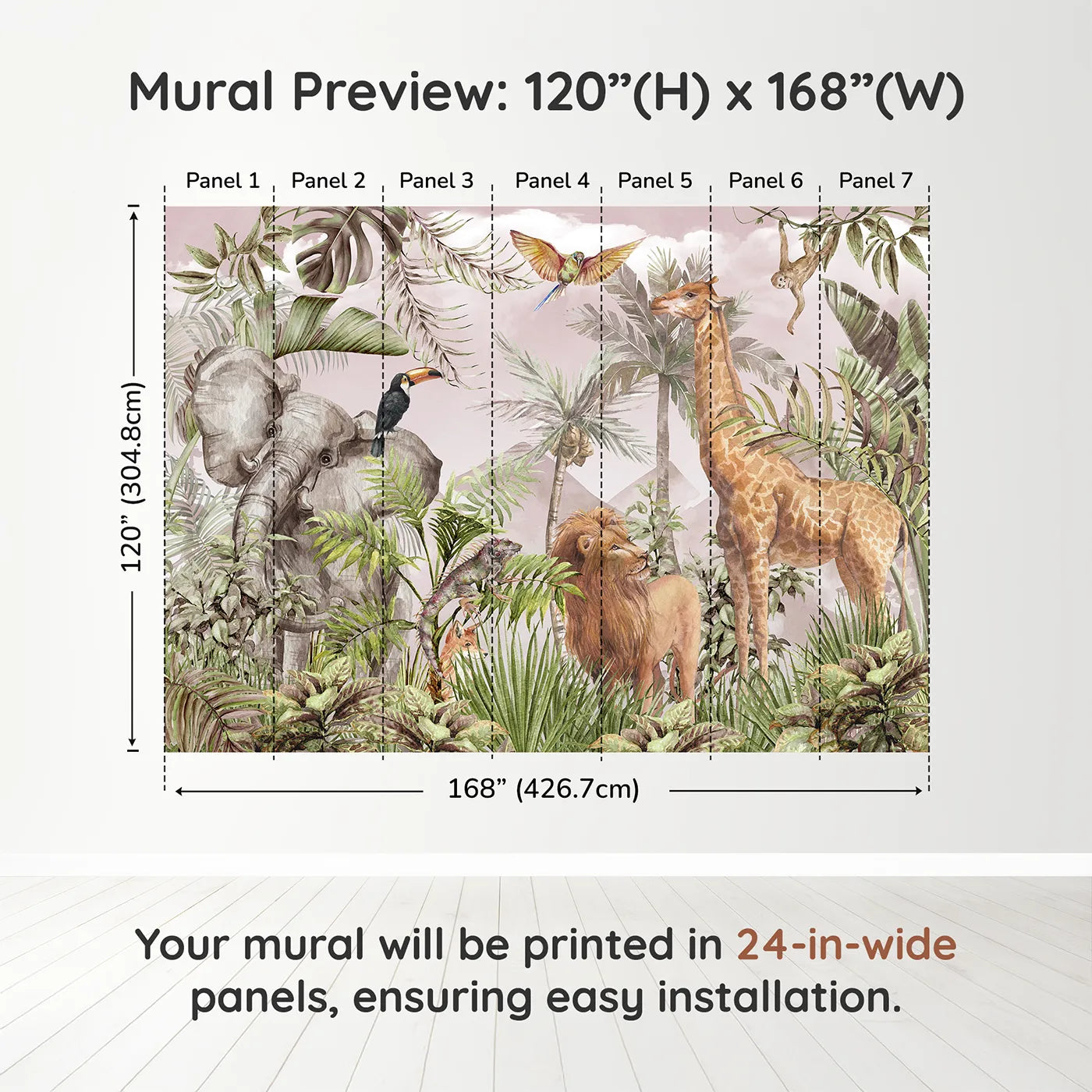 Whimsy Tots Watercolor Safari Wall Mural in Pinkdimension view (120" H x 168" W). Printed in seven 24-inch-wide panels. Gender-Neutral
