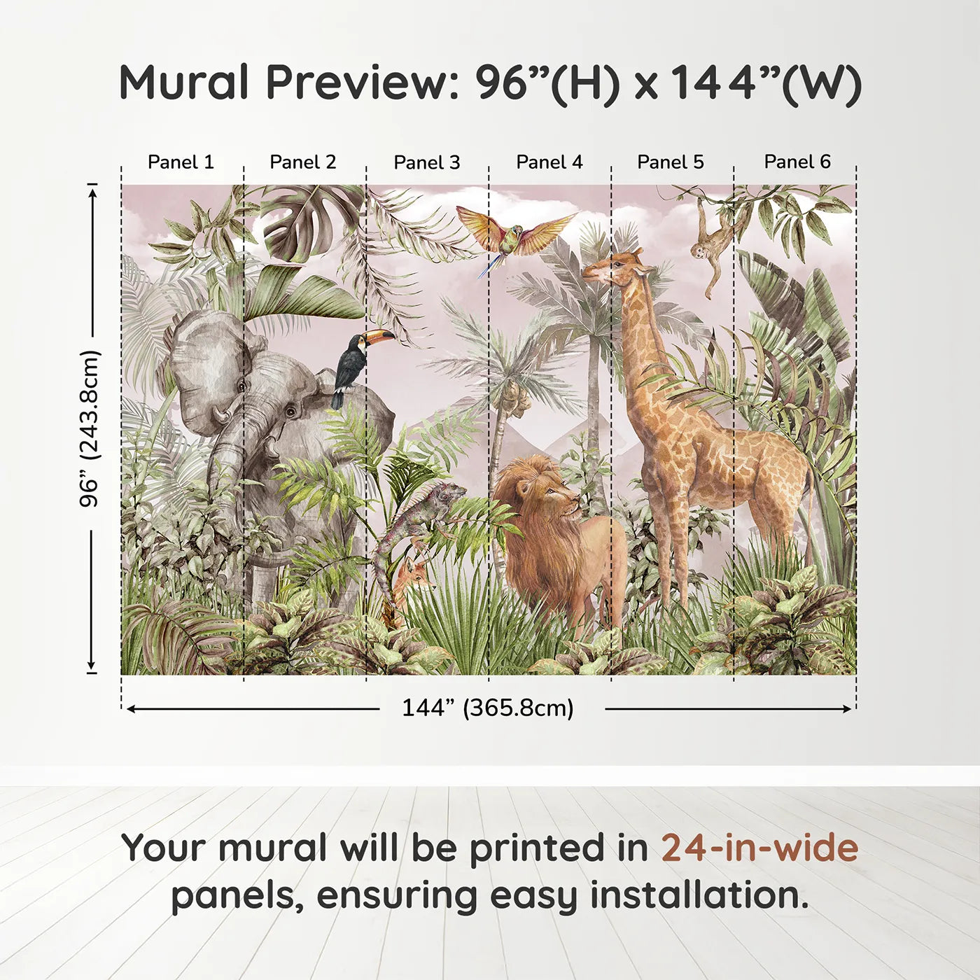 Whimsy Tots Watercolor Safari Wall Mural in Pinkdimension view (96" H x 144" W). Printed in six 24-inch-wide panels. Gender-Neutral