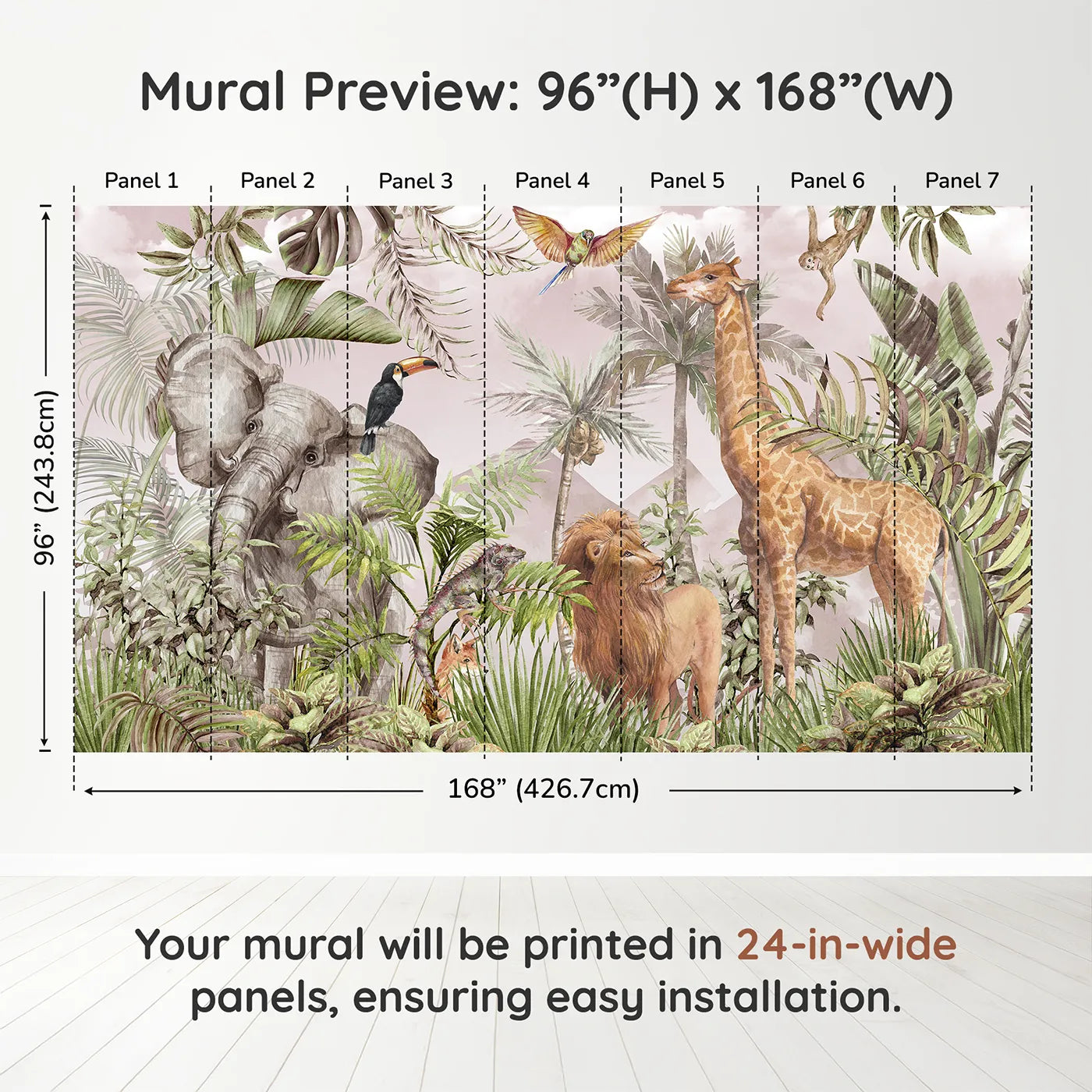 Whimsy Tots Watercolor Safari Wall Mural in Pinkdimension view (96" H x 168" W). Printed in seven 24-inch-wide panels. Gender-Neutral