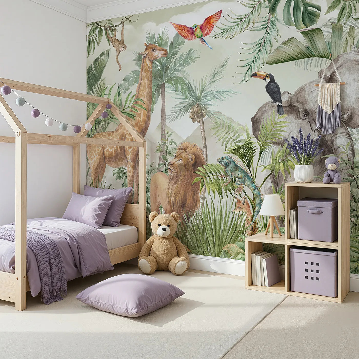 Angled view of Whimsy Tots' Watercolor Safari Wall Mural in Green (Turn Their Room into a Majestic, Painted Jungle).Gender-Neutral