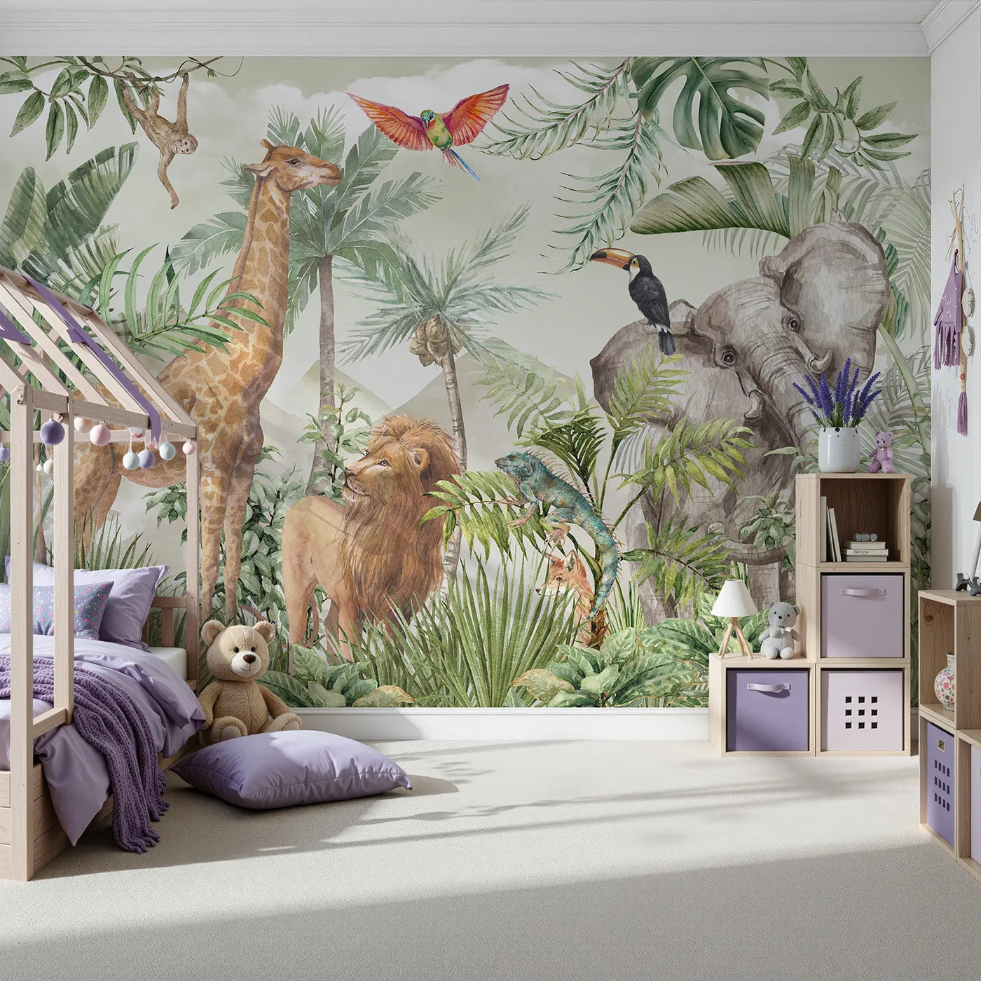 Front view of Whimsy Tots' Watercolor Safari Wall Mural in Green