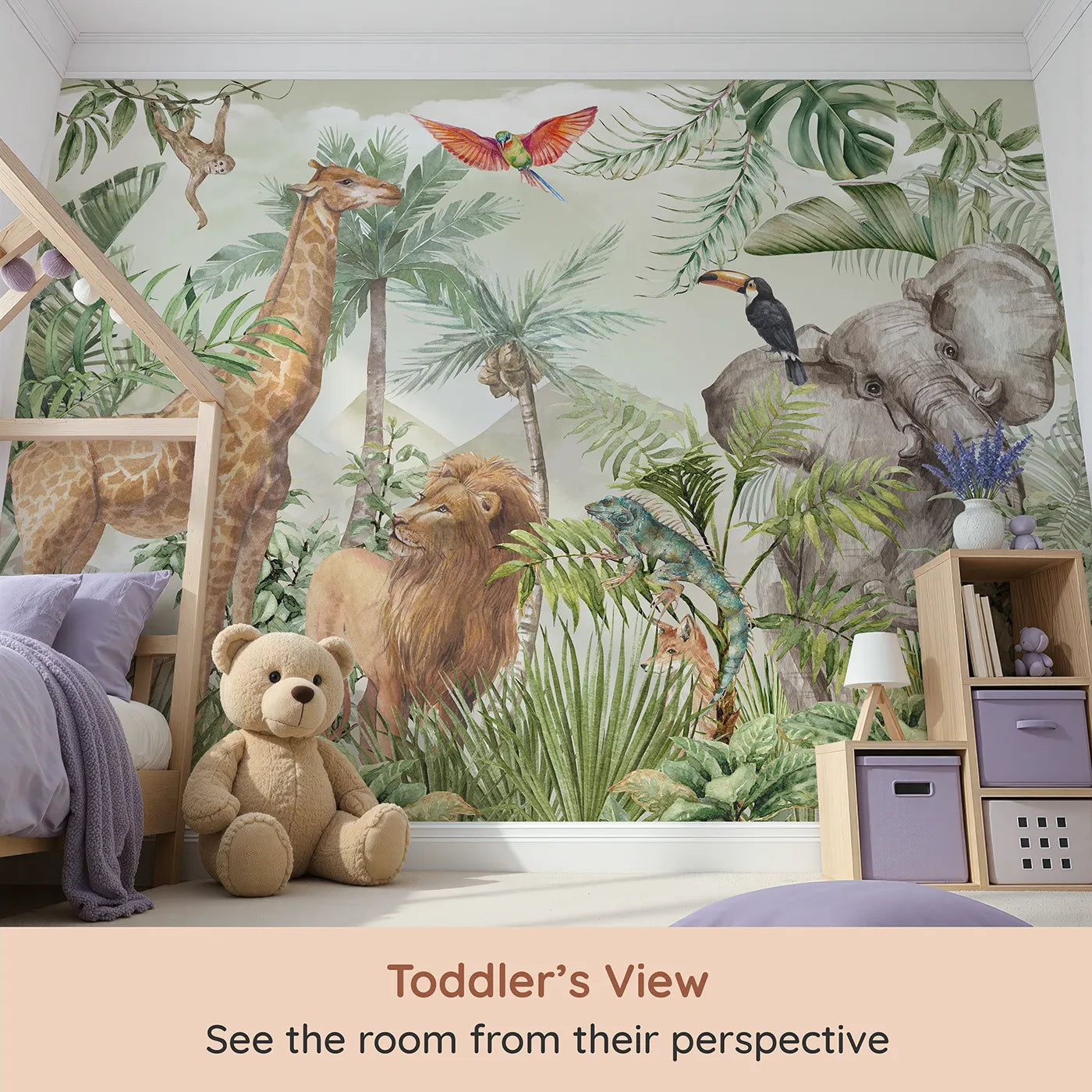 Whimsy Tots Watercolor Safari Wall Mural in Green (Turn Their Room into a Majestic, Painted Jungle) from your child's view.Gender-Neutral
