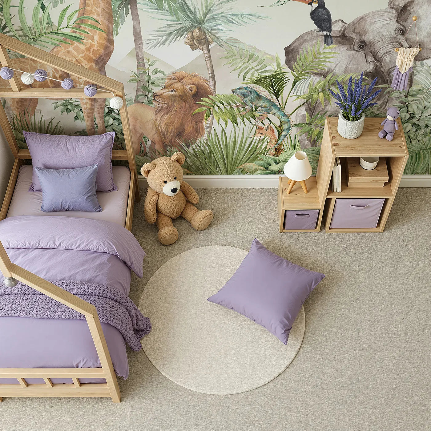 Top-down view of Whimsy Tots' Watercolor Safari Wall Mural in Green (Turn Their Room into a Majestic, Painted Jungle).Gender-Neutral