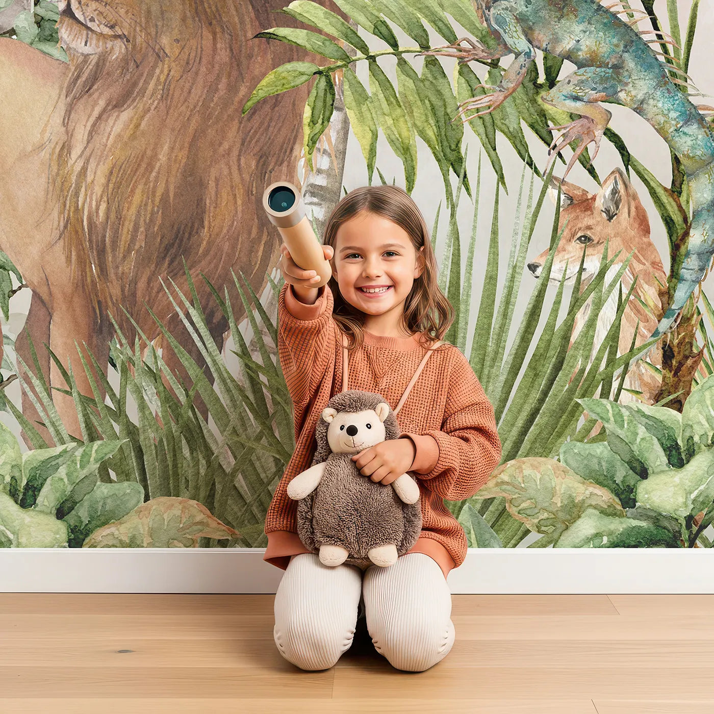 Child in front of Whimsy Tots Watercolor Safari Wall Mural in Green with safari, animal, jungle, watercolor, elephant, lion, giraffe, green in design.