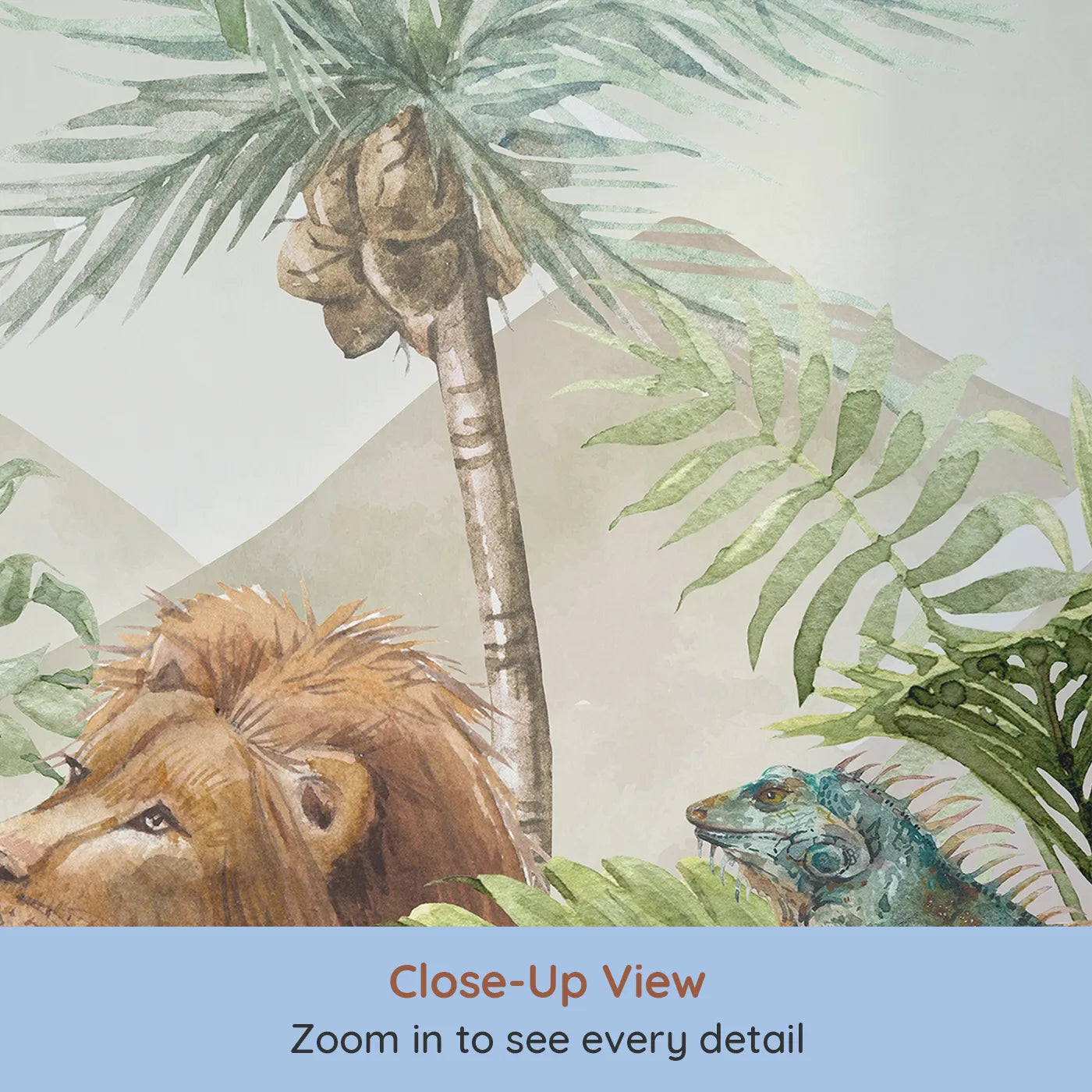 Close-up view of Whimsy Tots' Watercolor Safari Wall Mural in Green (Turn Their Room into a Majestic, Painted Jungle).Gender-Neutral