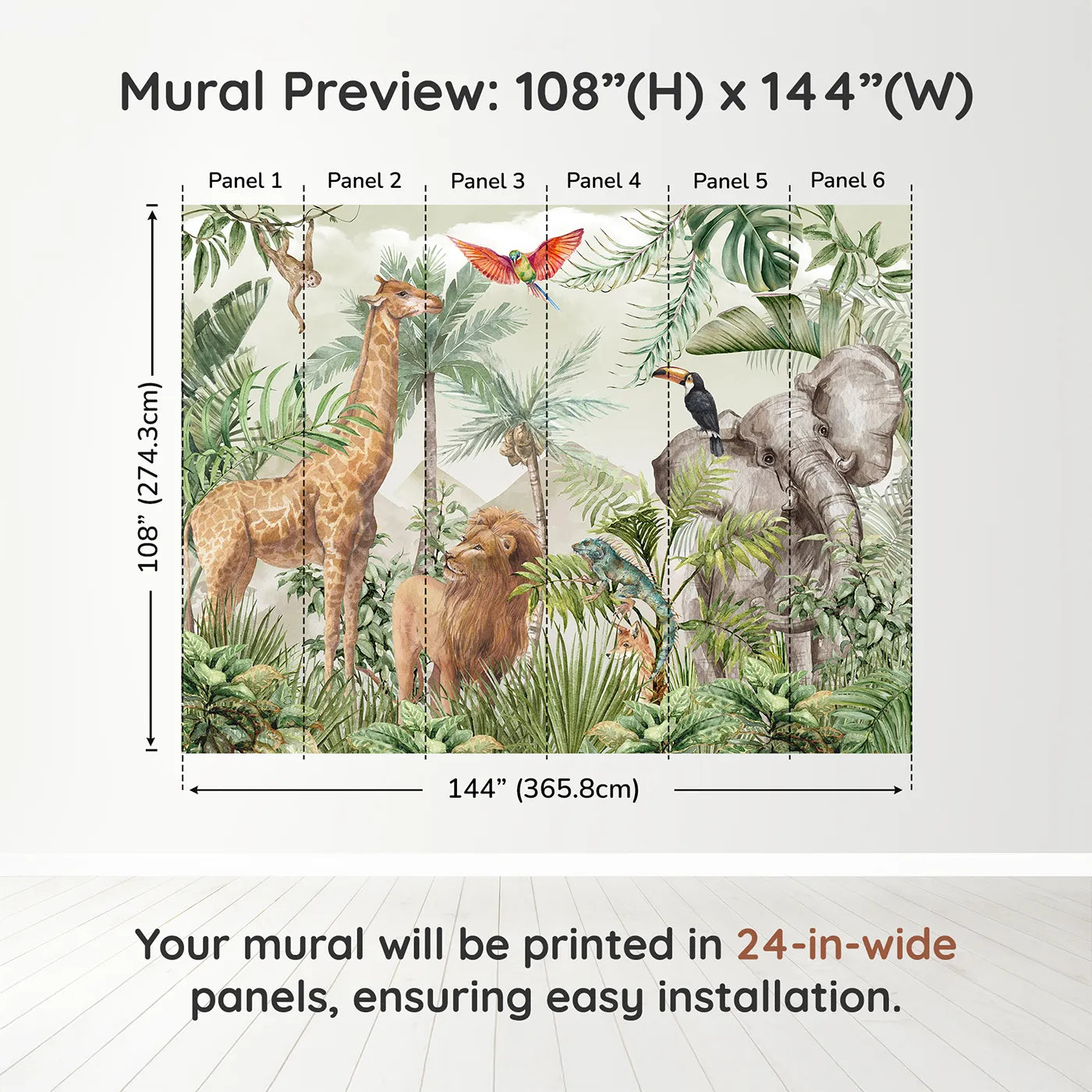 Whimsy Tots Watercolor Safari Wall Mural in Greendimension view (108" H x 144" W). Printed in six 24-inch-wide panels. Gender-Neutral