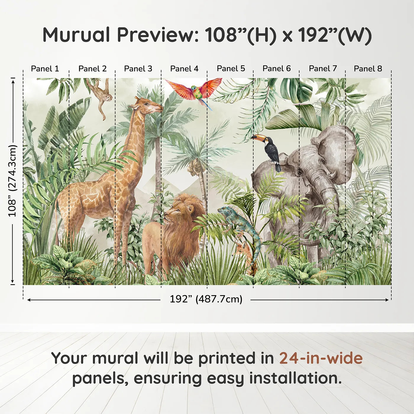 Whimsy Tots Watercolor Safari Wall Mural in Greendimension view (108" H x 192" W). Printed in eight 24-inch-wide panels. Gender-Neutral