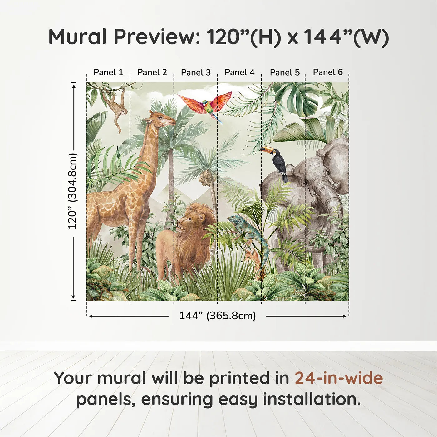 Whimsy Tots Watercolor Safari Wall Mural in Greendimension view (120" H x 144" W). Printed in six 24-inch-wide panels. Gender-Neutral