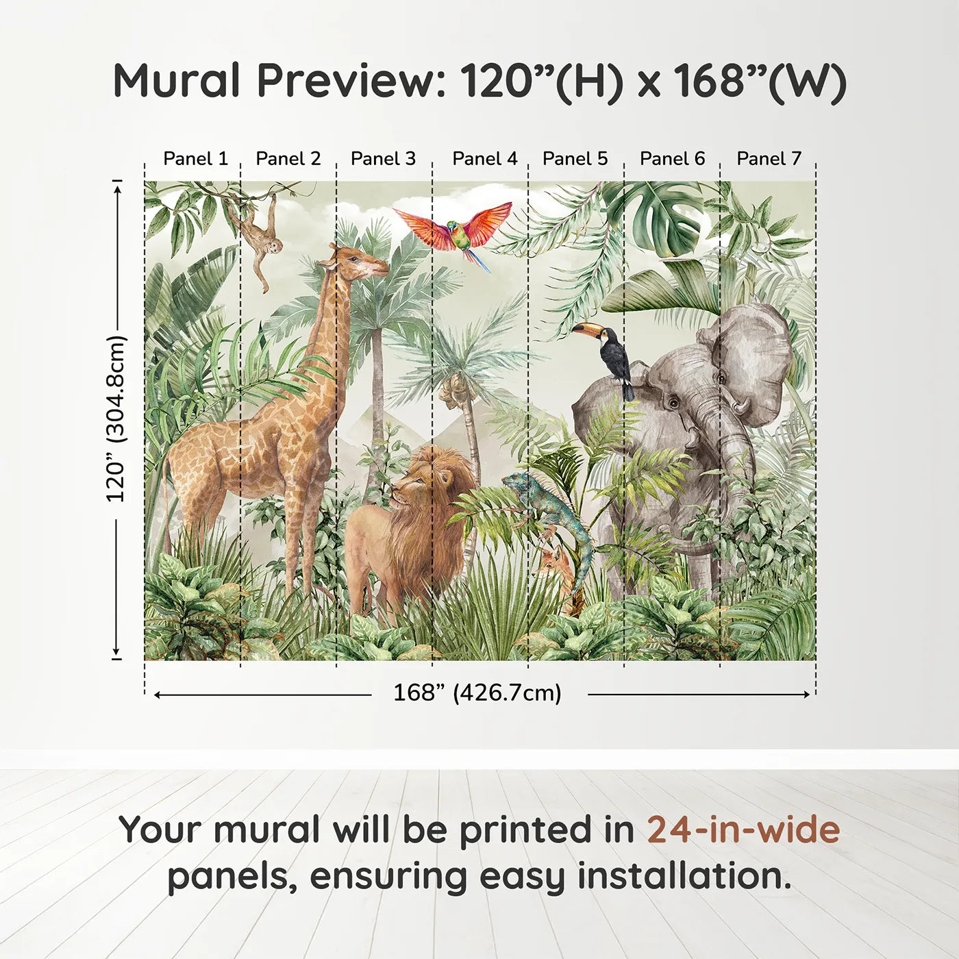 Whimsy Tots Watercolor Safari Wall Mural in Greendimension view (120" H x 168" W). Printed in seven 24-inch-wide panels. Gender-Neutral