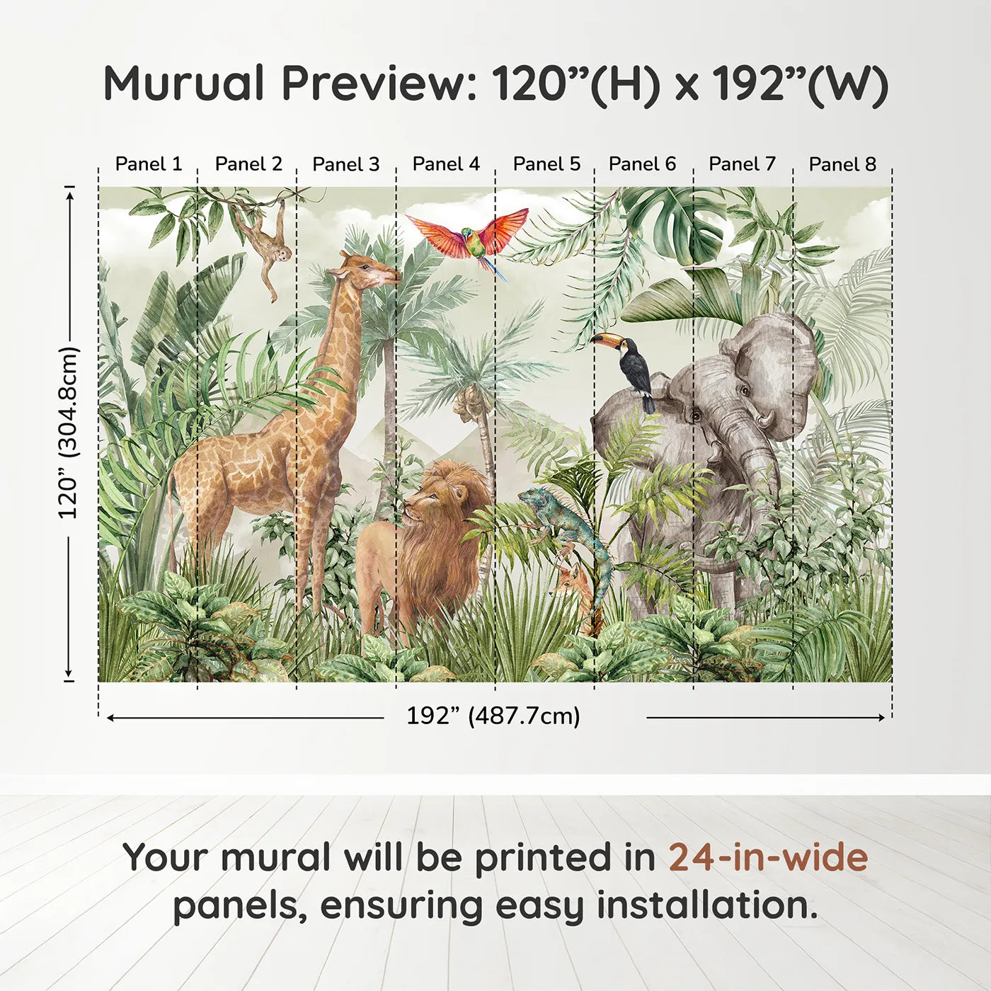 Whimsy Tots Watercolor Safari Wall Mural in Greendimension view (120" H x 192" W). Printed in eight 24-inch-wide panels. Gender-Neutral