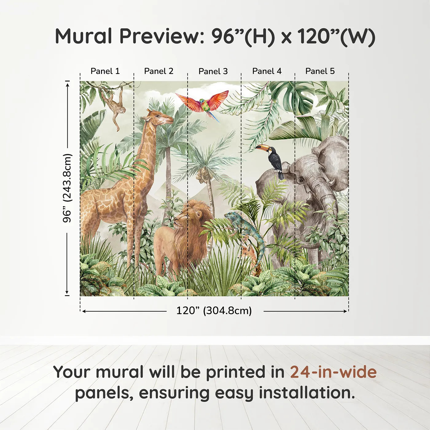 Whimsy Tots Watercolor Safari Wall Mural in Greendimension view (96" H x 120" W). Printed in five 24-inch-wide panels. Gender-Neutral