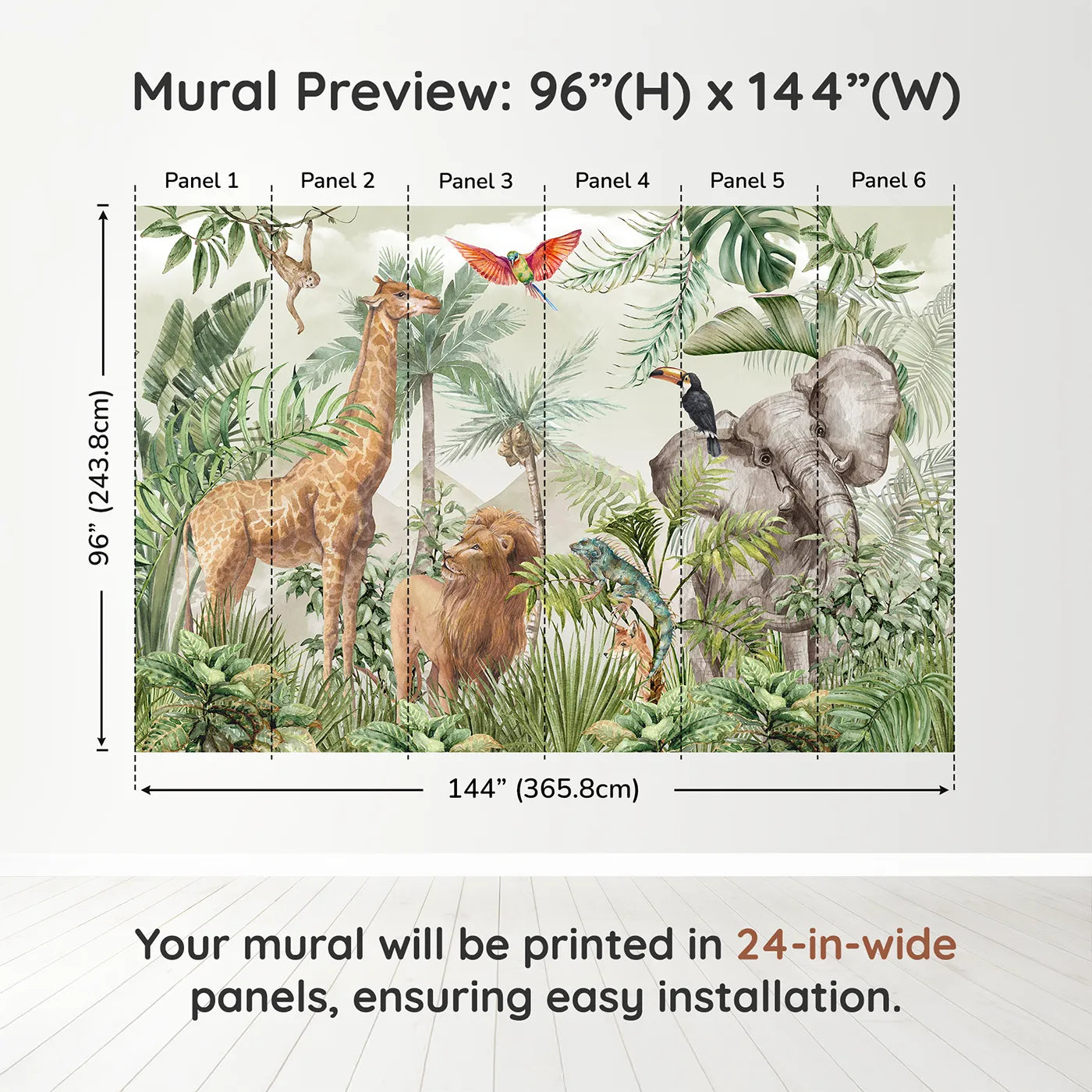Whimsy Tots Watercolor Safari Wall Mural in Greendimension view (96" H x 144" W). Printed in six 24-inch-wide panels. Gender-Neutral