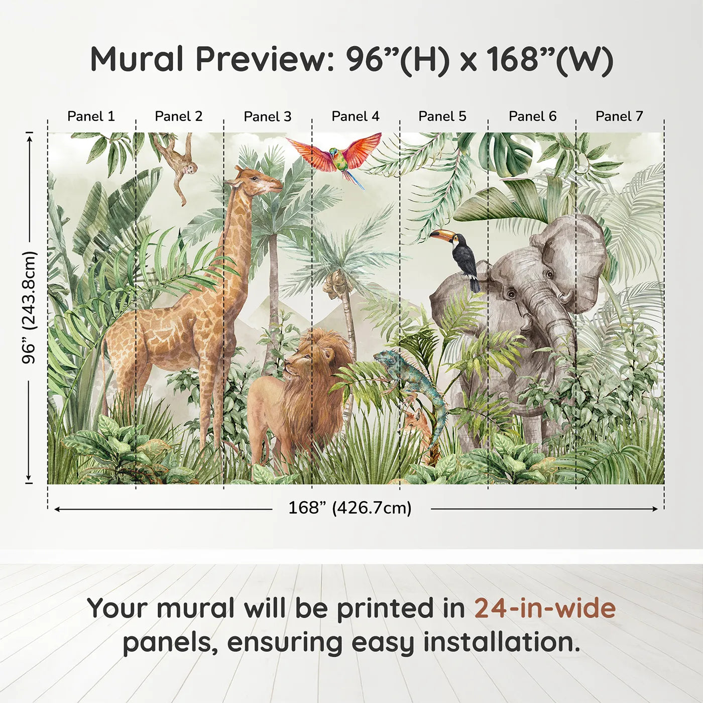 Whimsy Tots Watercolor Safari Wall Mural in Greendimension view (96" H x 168" W). Printed in seven 24-inch-wide panels. Gender-Neutral