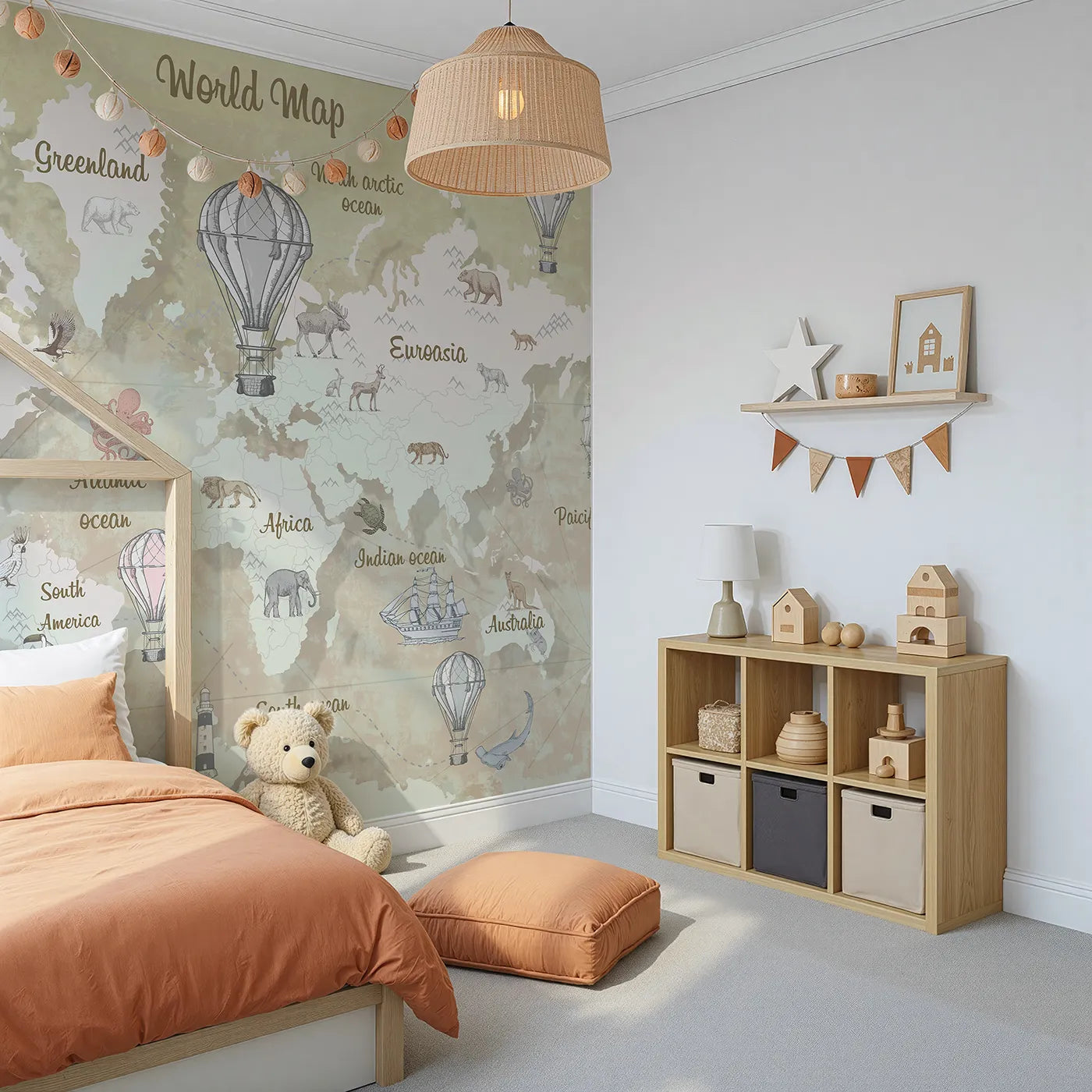 Angled view of Whimsy Tots' Vintage Explorer World Map Wall Mural (Turn Their Room into a Classic, Old-World Adventure).Gender-Neutral