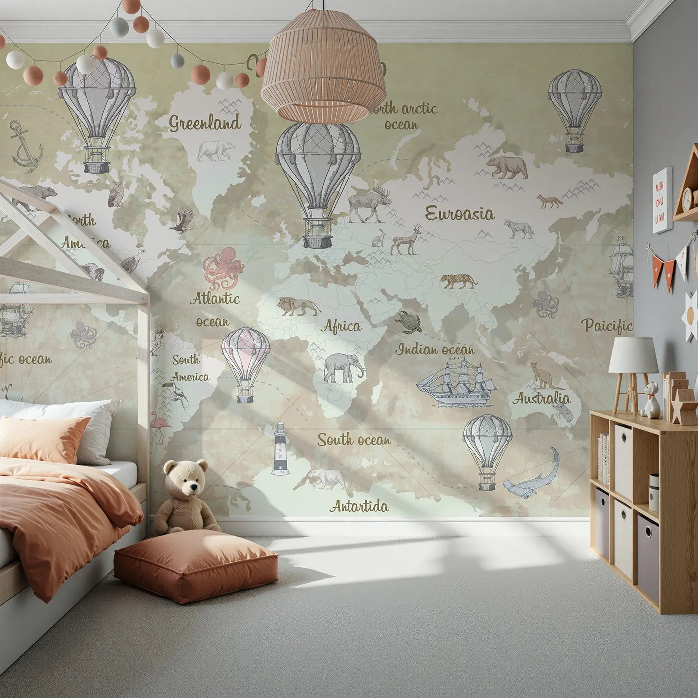 Front view of Whimsy Tots' Vintage Explorer World Map Wall Mural