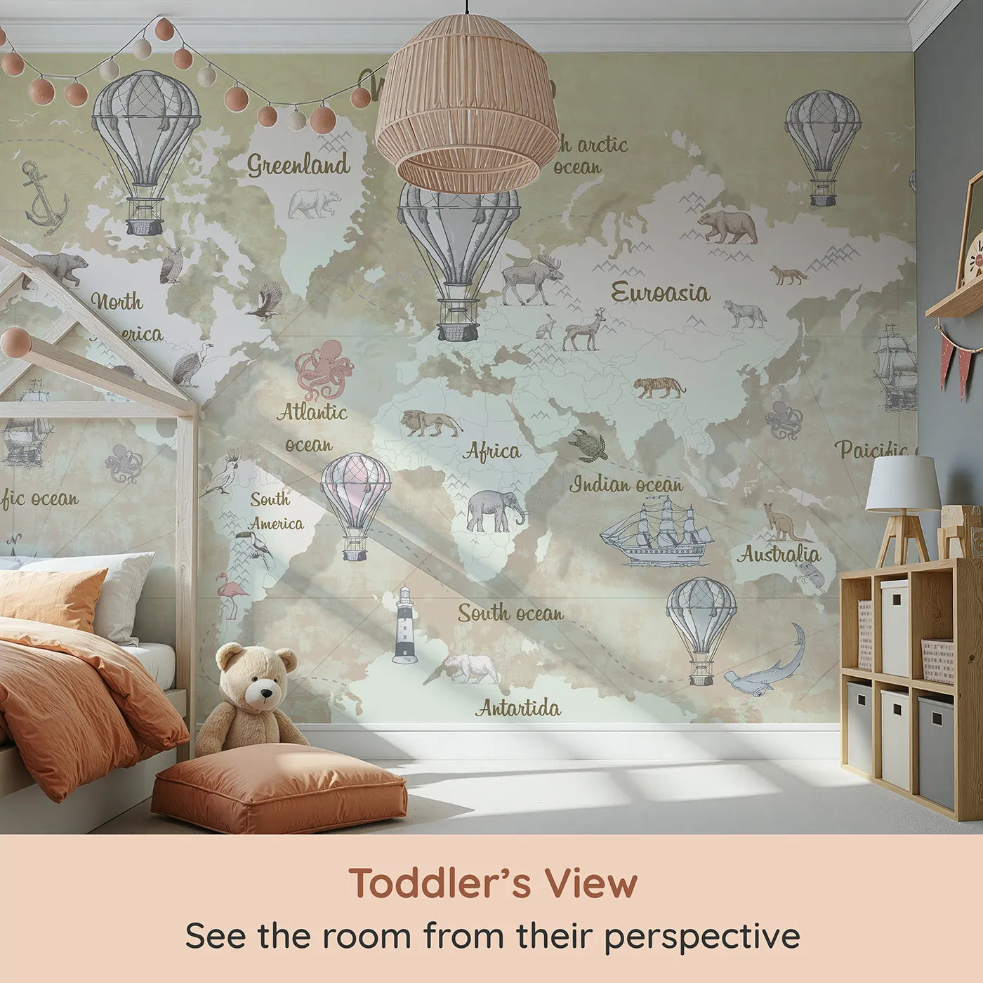 Whimsy Tots Vintage Explorer World Map Wall Mural (Turn Their Room into a Classic, Old-World Adventure) from your child's view.Gender-Neutral