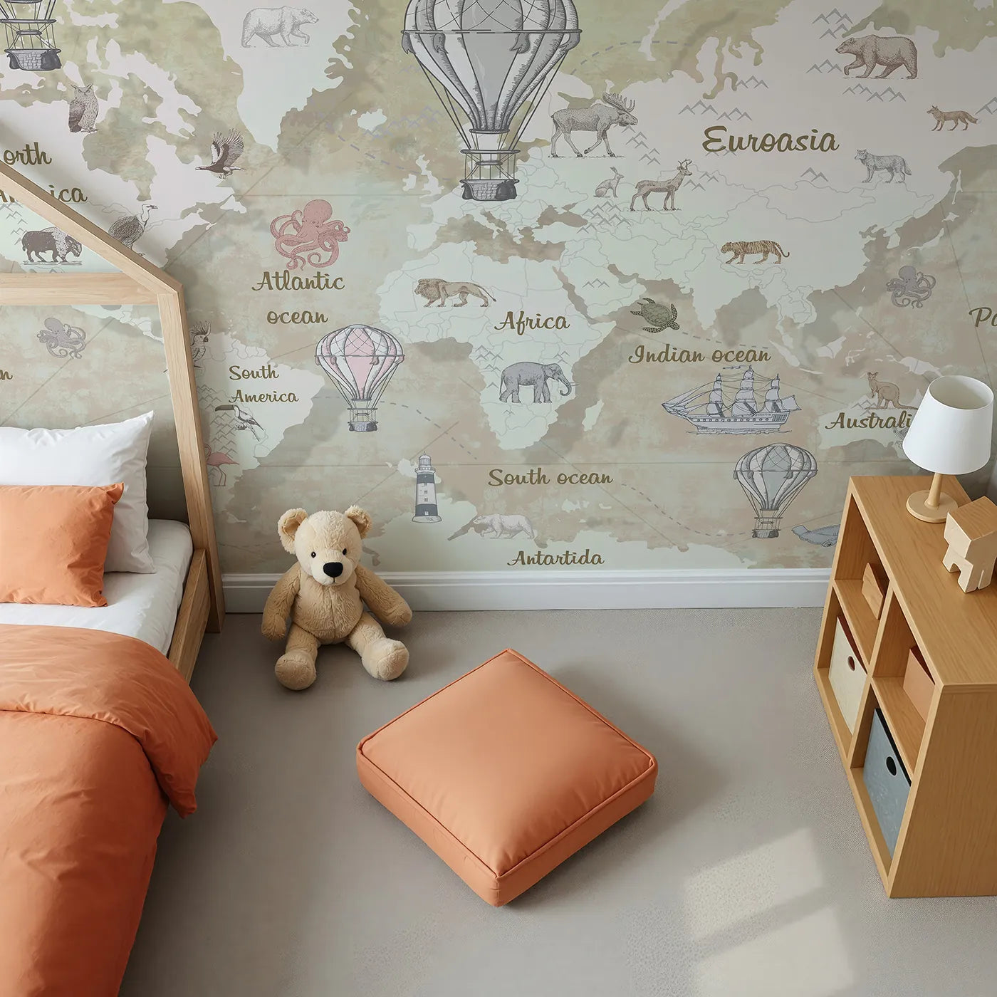 Top-down view of Whimsy Tots' Vintage Explorer World Map Wall Mural (Turn Their Room into a Classic, Old-World Adventure).Gender-Neutral