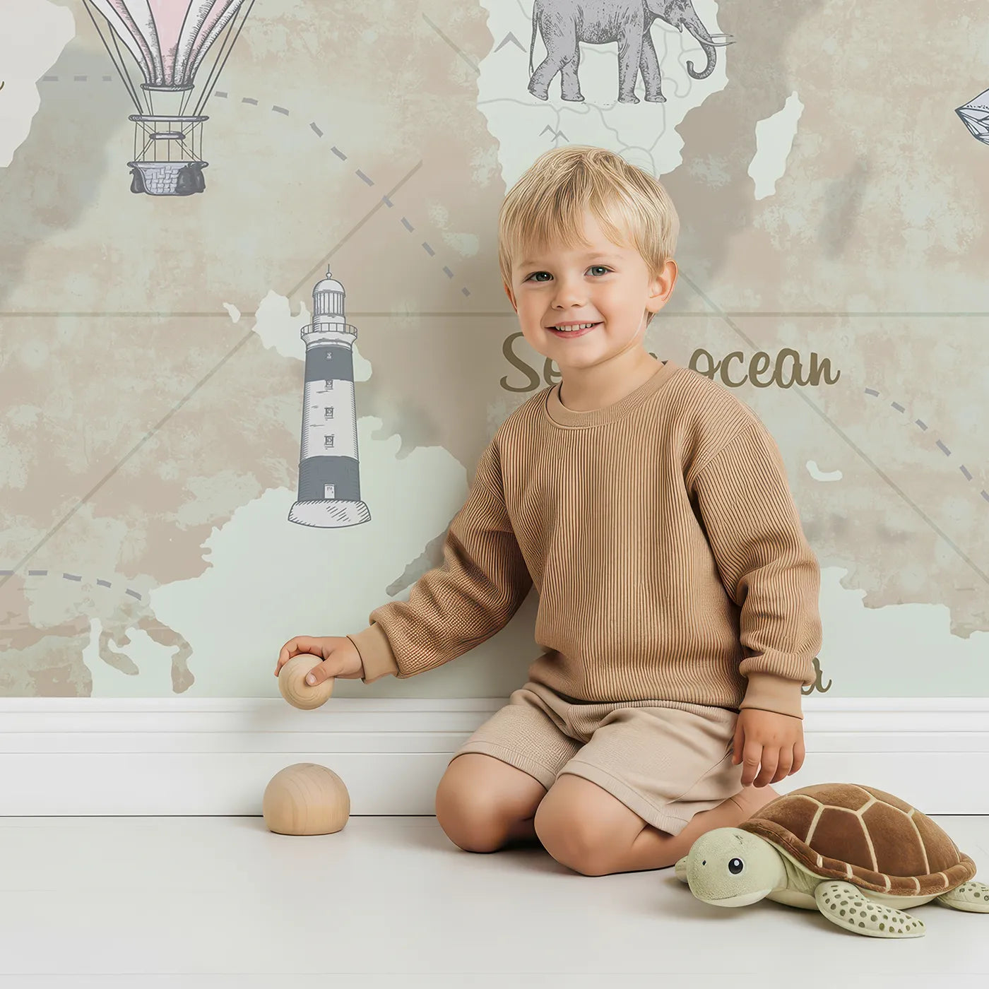 Child in front of Whimsy Tots Vintage Explorer World Map Wall Mural with map, world, vintage, animal, travel, educational, ship, balloon in design.