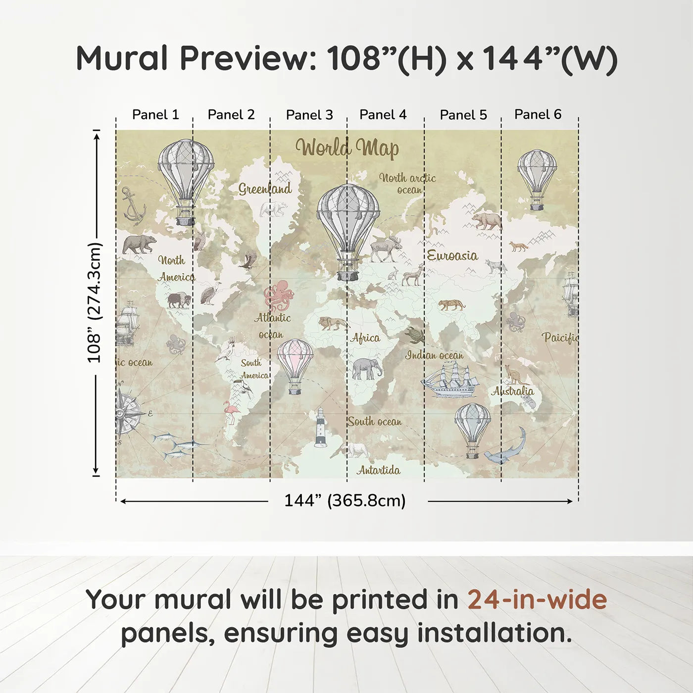 Whimsy Tots Vintage Explorer World Map Wall Muraldimension view (108" H x 144" W). Printed in six 24-inch-wide panels. Gender-Neutral