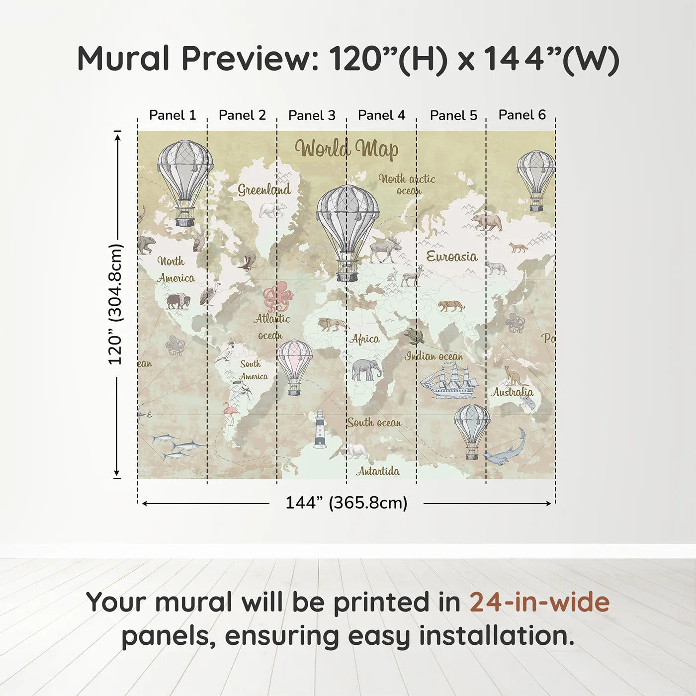 Whimsy Tots Vintage Explorer World Map Wall Muraldimension view (120" H x 144" W). Printed in six 24-inch-wide panels. Gender-Neutral