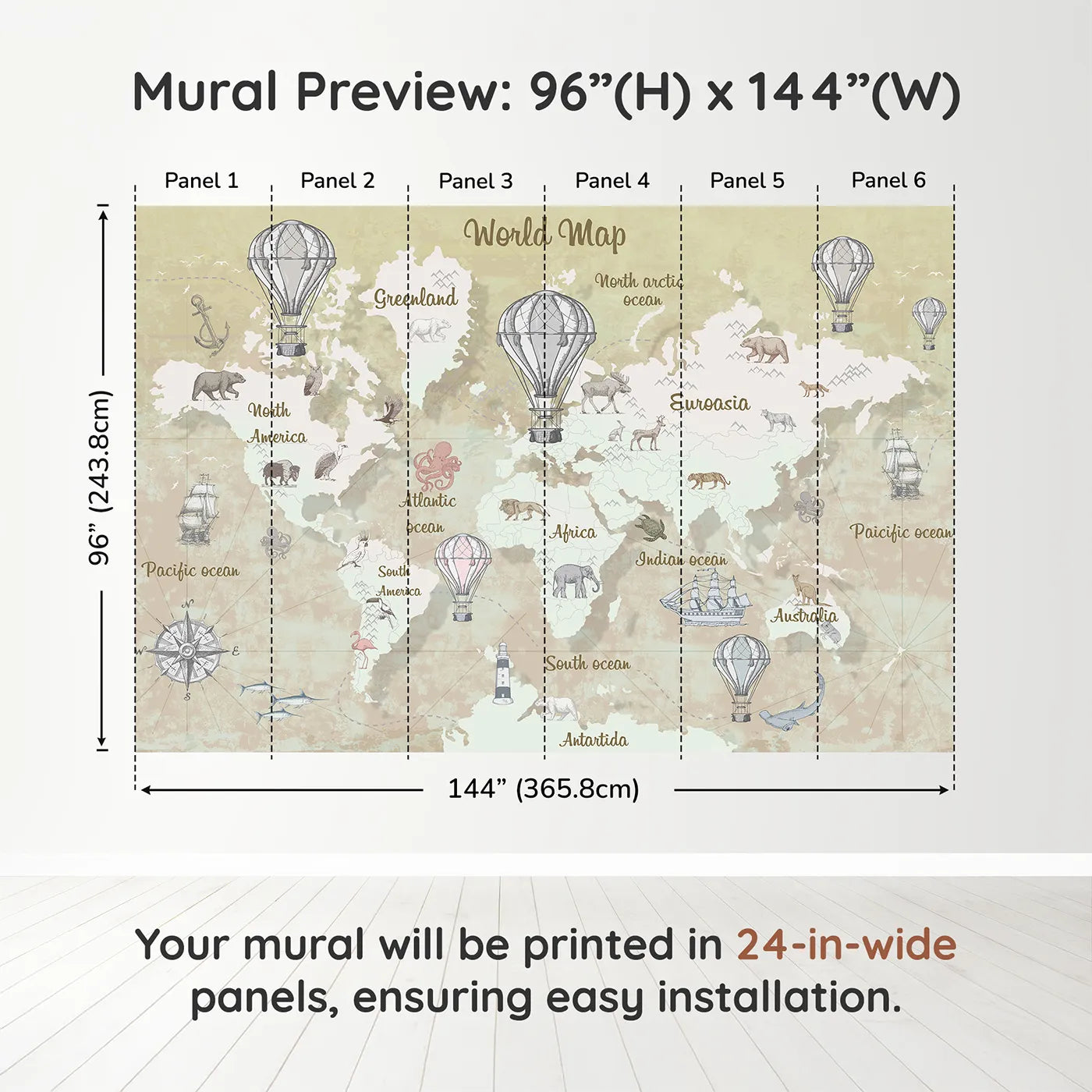 Whimsy Tots Vintage Explorer World Map Wall Muraldimension view (96" H x 144" W). Printed in six 24-inch-wide panels. Gender-Neutral