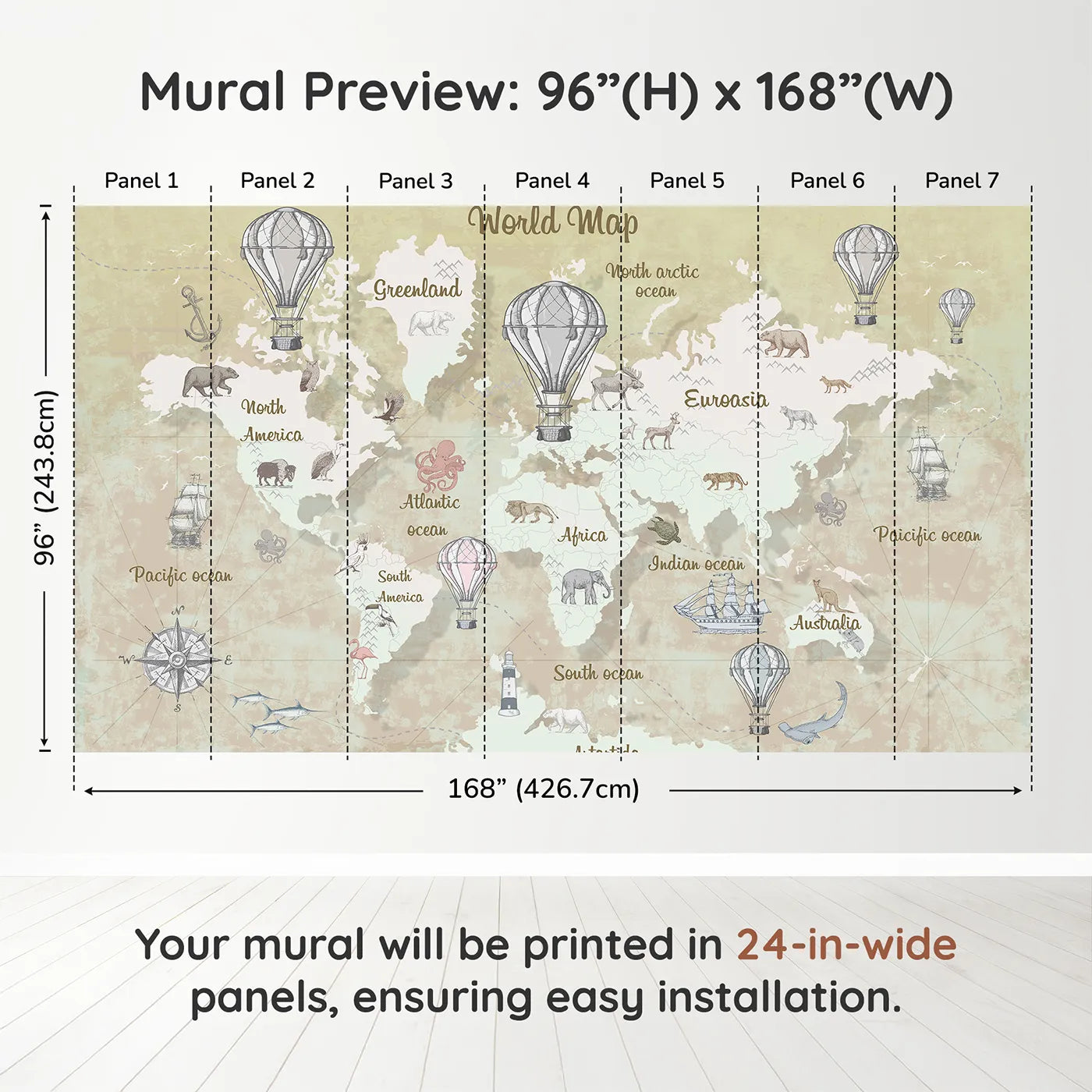 Whimsy Tots Vintage Explorer World Map Wall Muraldimension view (96" H x 168" W). Printed in seven 24-inch-wide panels. Gender-Neutral