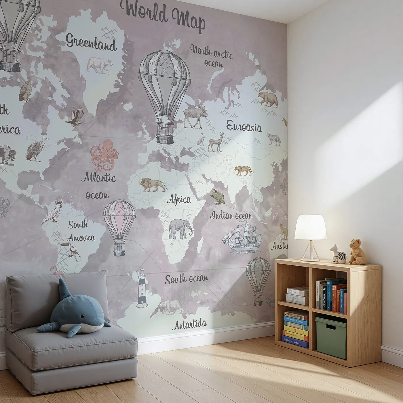 Angled view of Whimsy Tots' Vintage Explorer World Map Wall Mural in Pink (Turn Their Room into a Classic, Old-World Adventure).Gender-Neutral