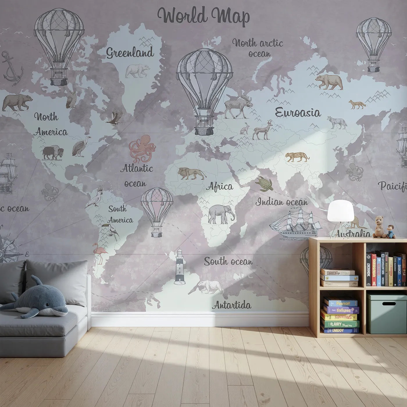 Front view of Whimsy Tots' Vintage Explorer World Map Wall Mural in Pink